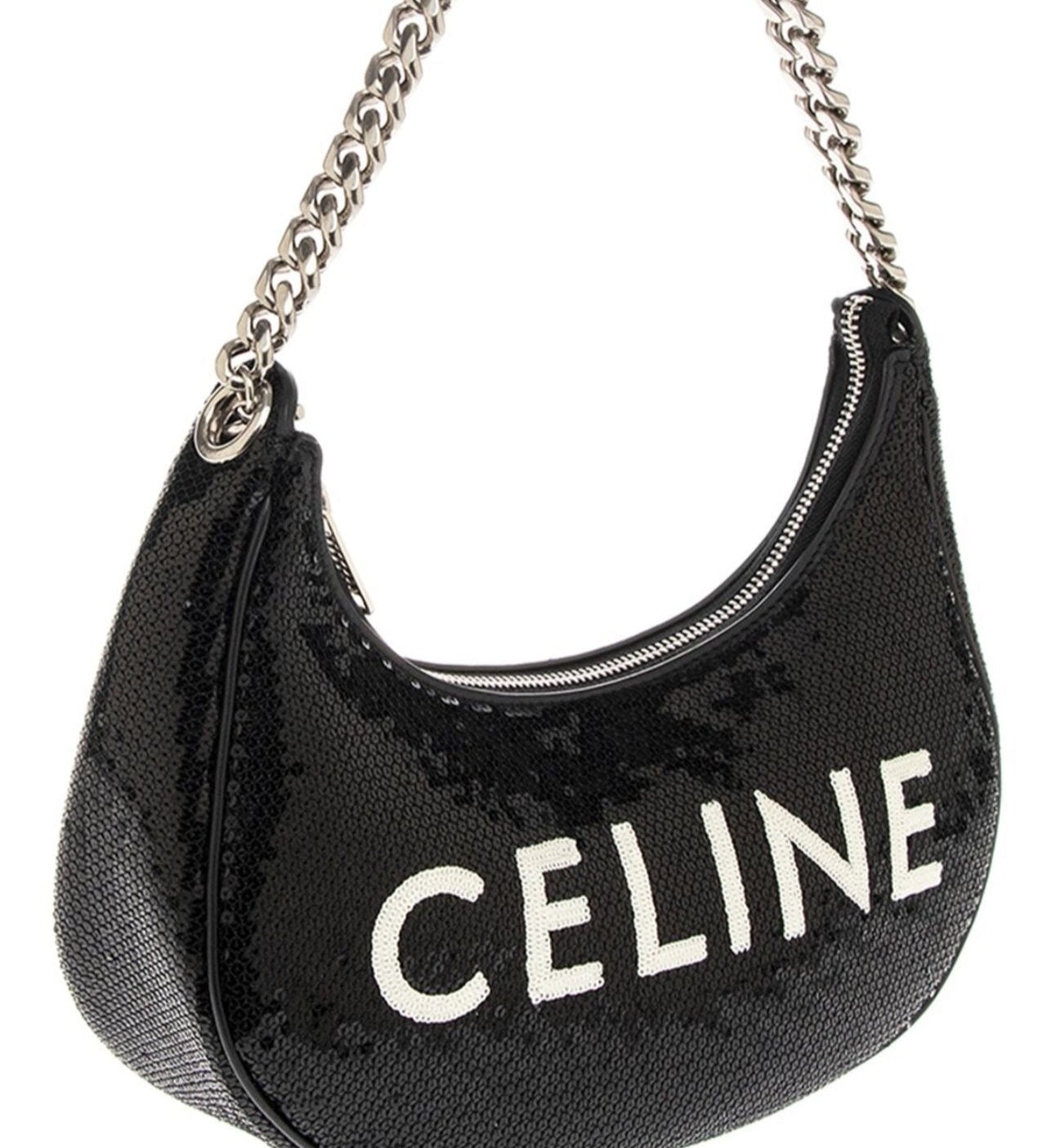 Celine Ava Chain Medium Leather & Sequin Hobo Black Bag