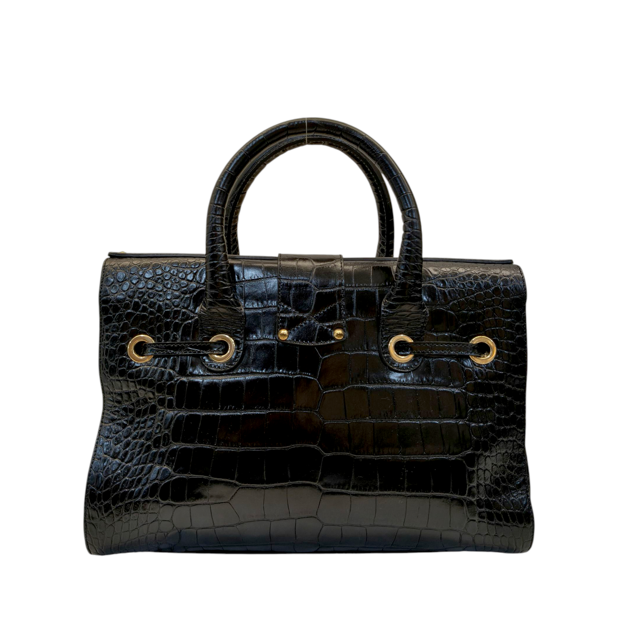 Jimmy Choo Black Croc Embossed Leather Rosalie Top Handle Bag