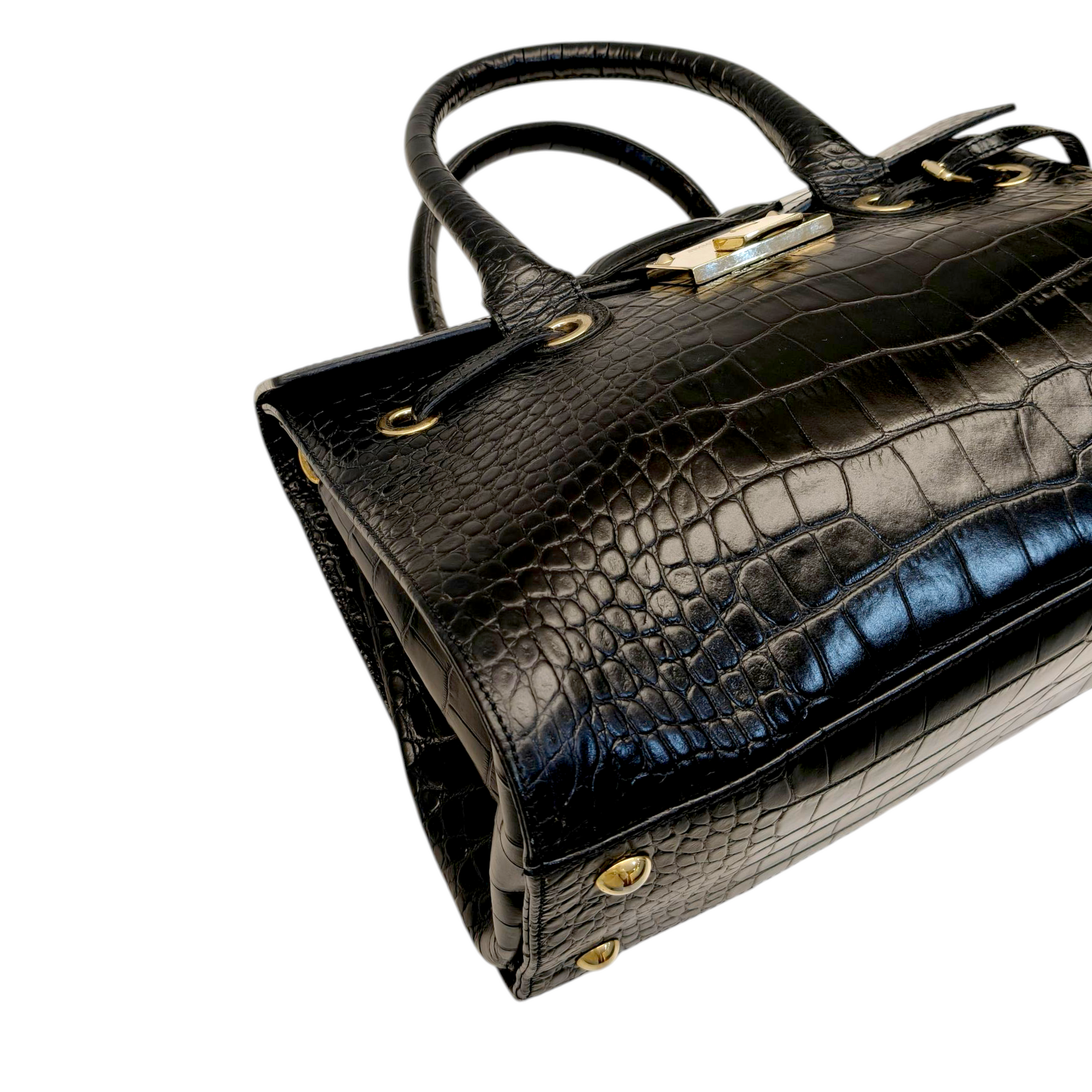 Jimmy Choo Black Croc Embossed Leather Rosalie Top Handle Bag