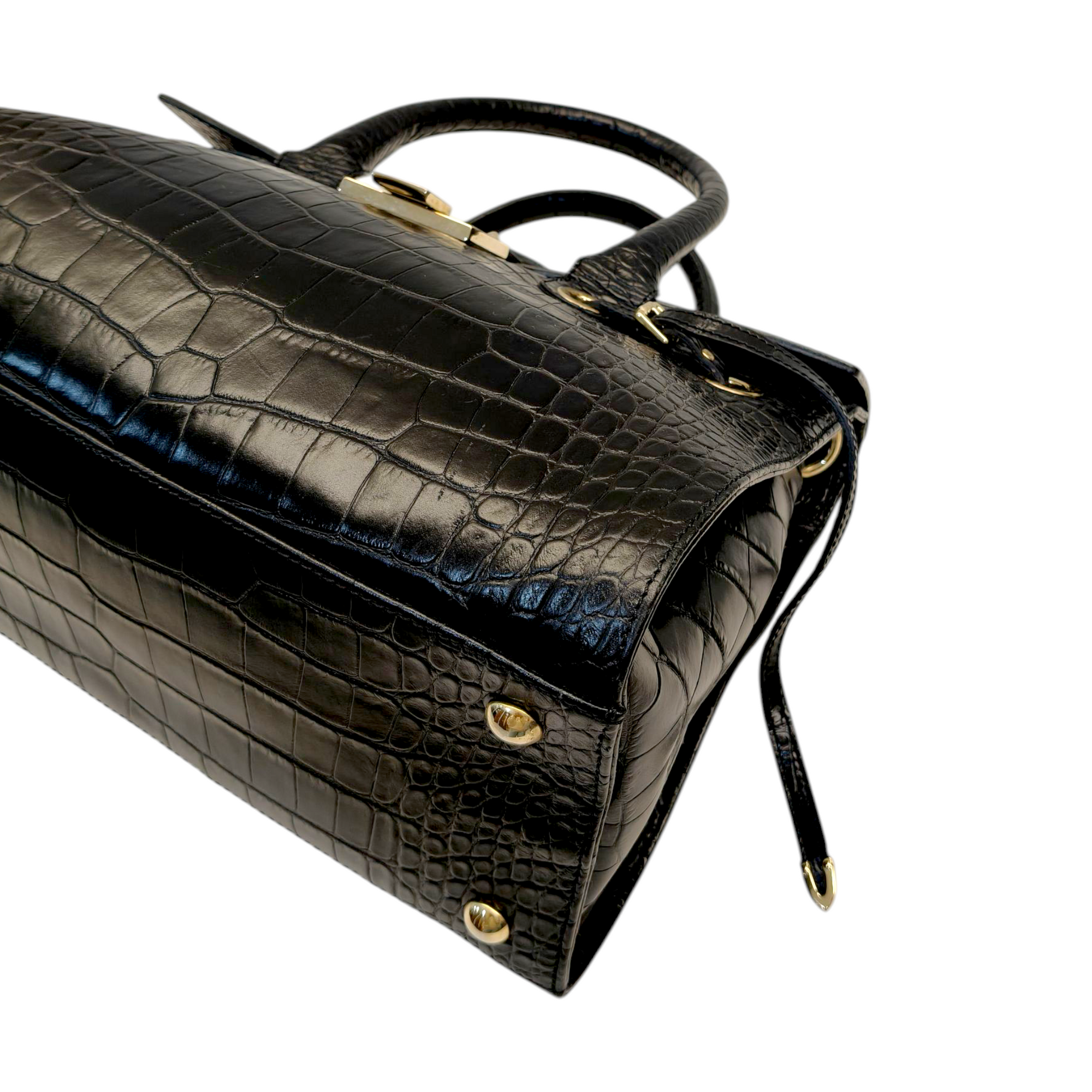 Jimmy Choo Black Croc Embossed Leather Rosalie Top Handle Bag