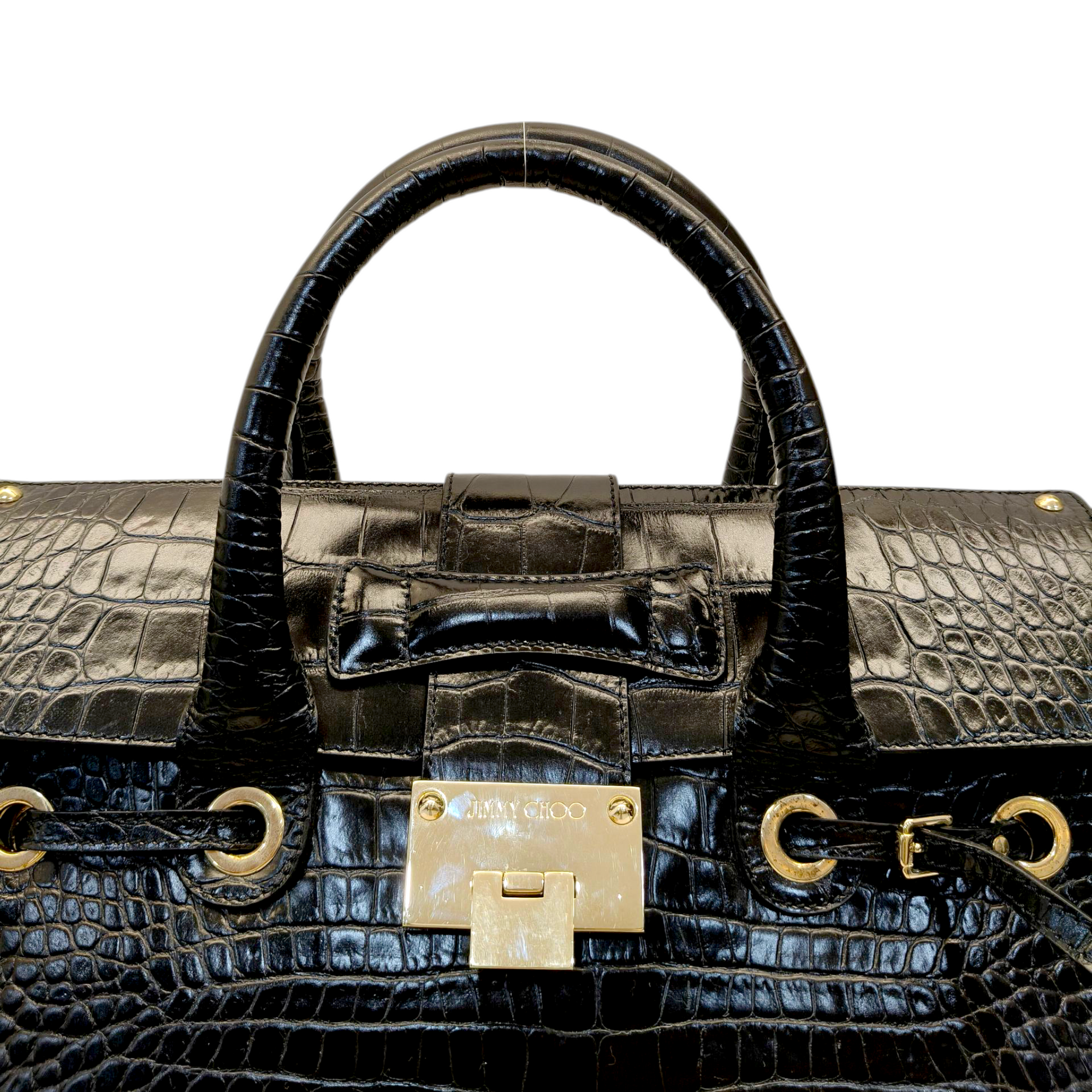 Jimmy Choo Black Croc Embossed Leather Rosalie Top Handle Bag