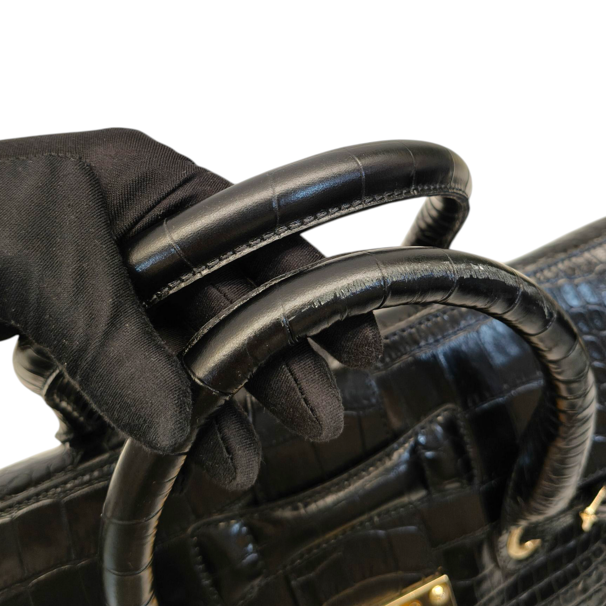 Jimmy Choo Black Croc Embossed Leather Rosalie Top Handle Bag