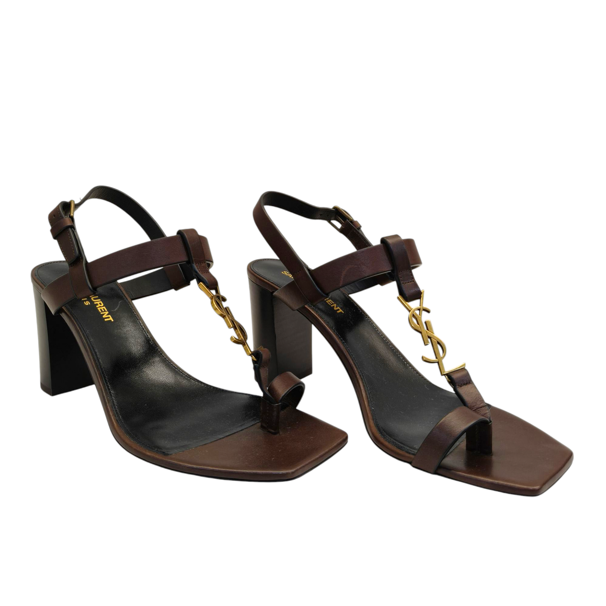 Saint Laurent Brown Leather Cassandre Thong Sandals EU 38.5