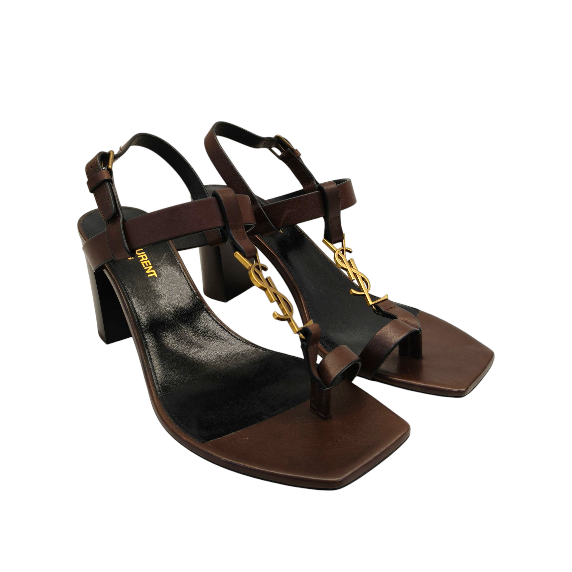 Saint Laurent Brown Leather Cassandre Thong Sandals EU 38.5