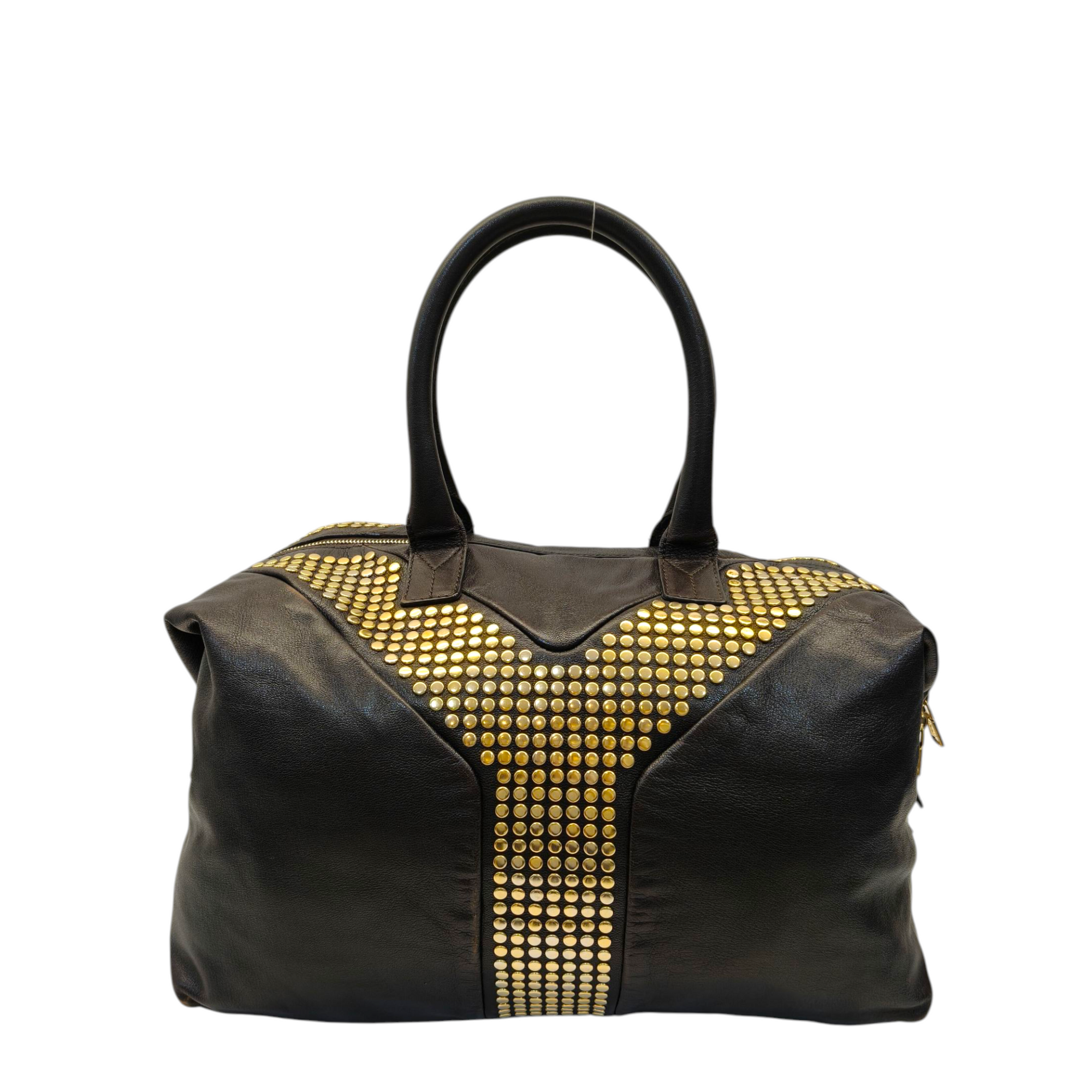 Yves Saint Laurent Rive Gauche Black Leather Studded Y Boston Duffle Bag