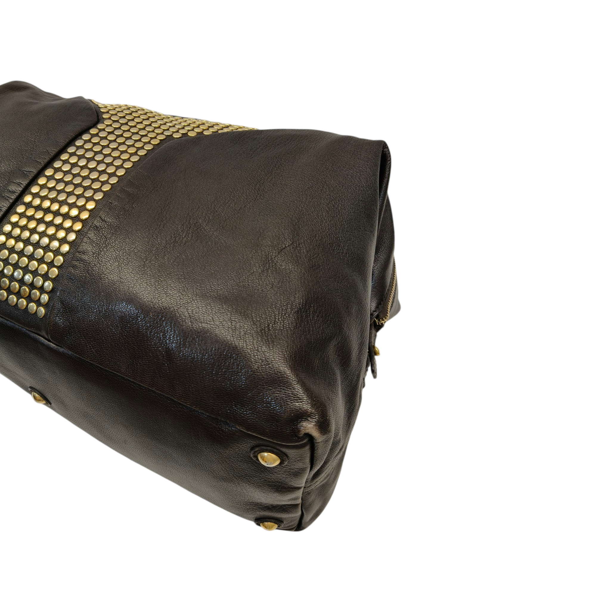 Yves Saint Laurent Rive Gauche Black Leather Studded Y Boston Duffle Bag