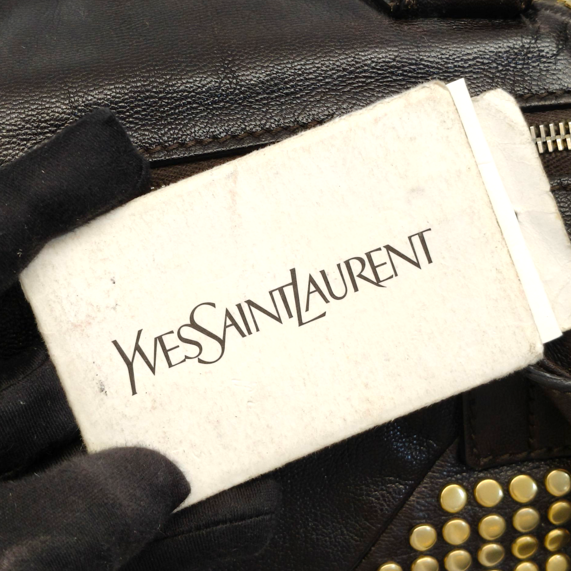 Yves Saint Laurent Rive Gauche Black Leather Studded Y Boston Duffle Bag