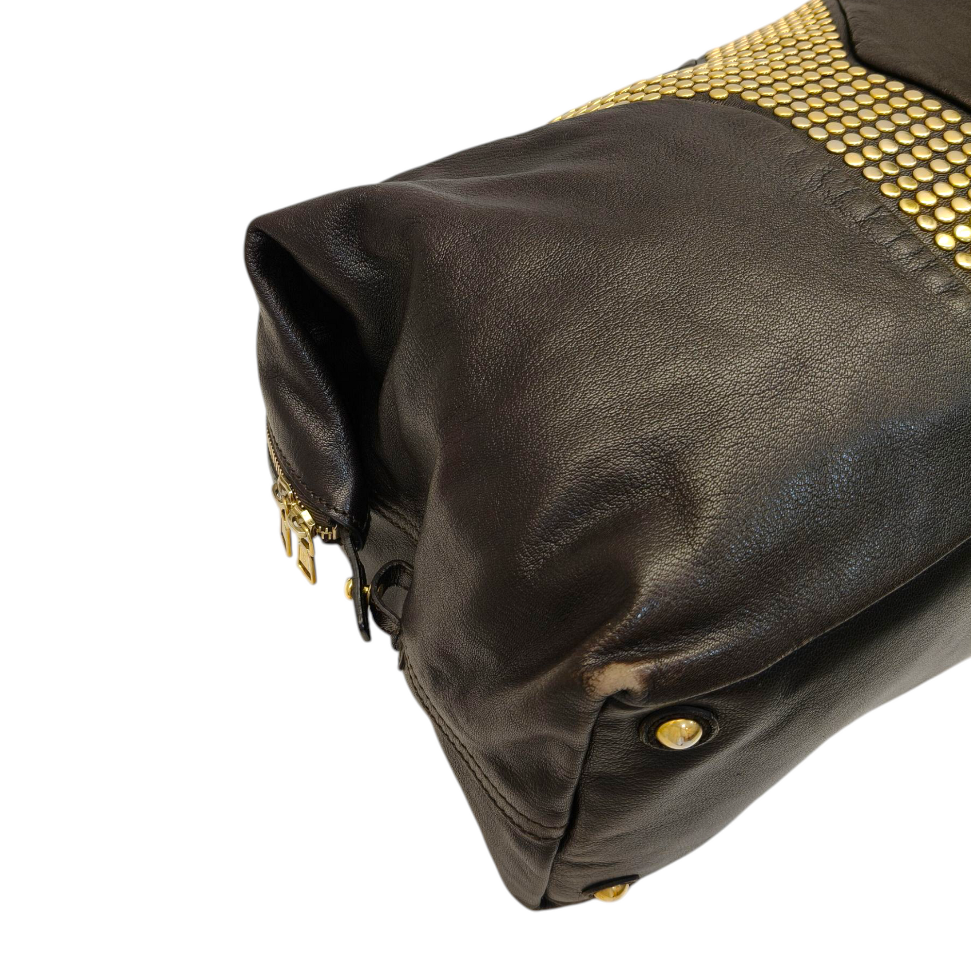 Yves Saint Laurent Rive Gauche Black Leather Studded Y Boston Duffle Bag