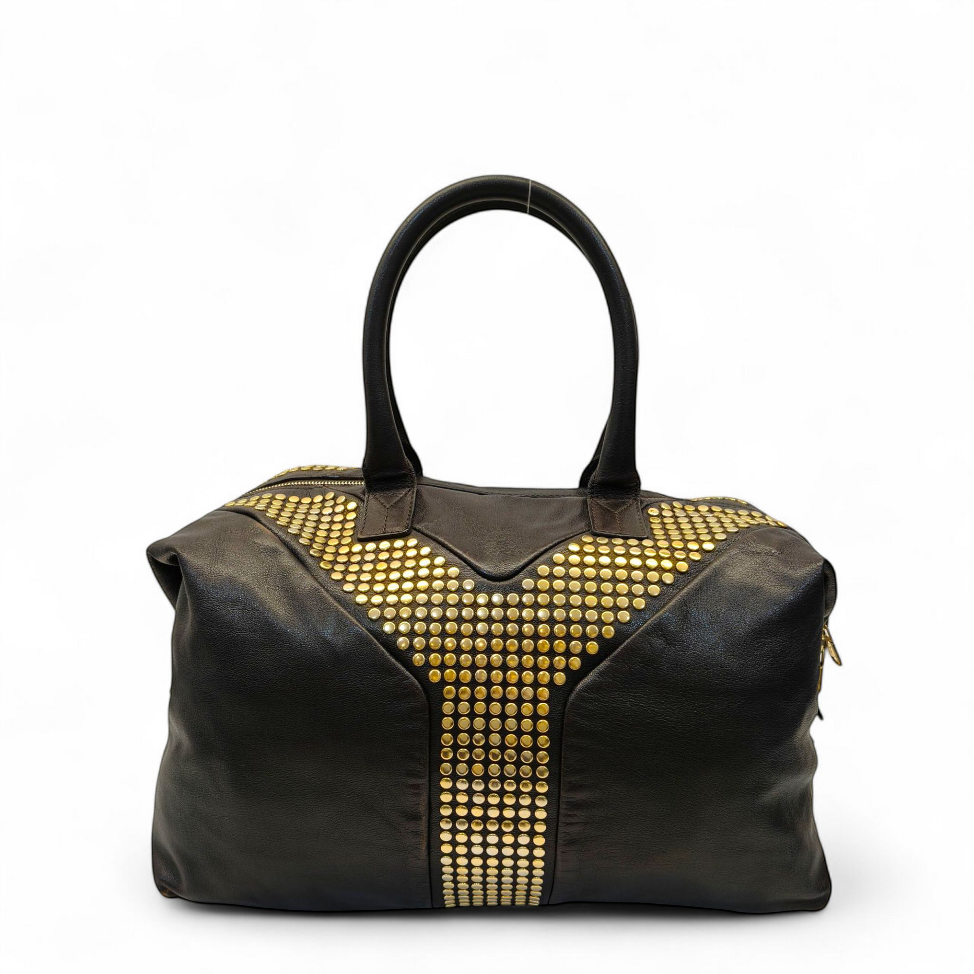 Yves Saint Laurent Rive Gauche Black Leather Studded Y Boston Duffle Bag