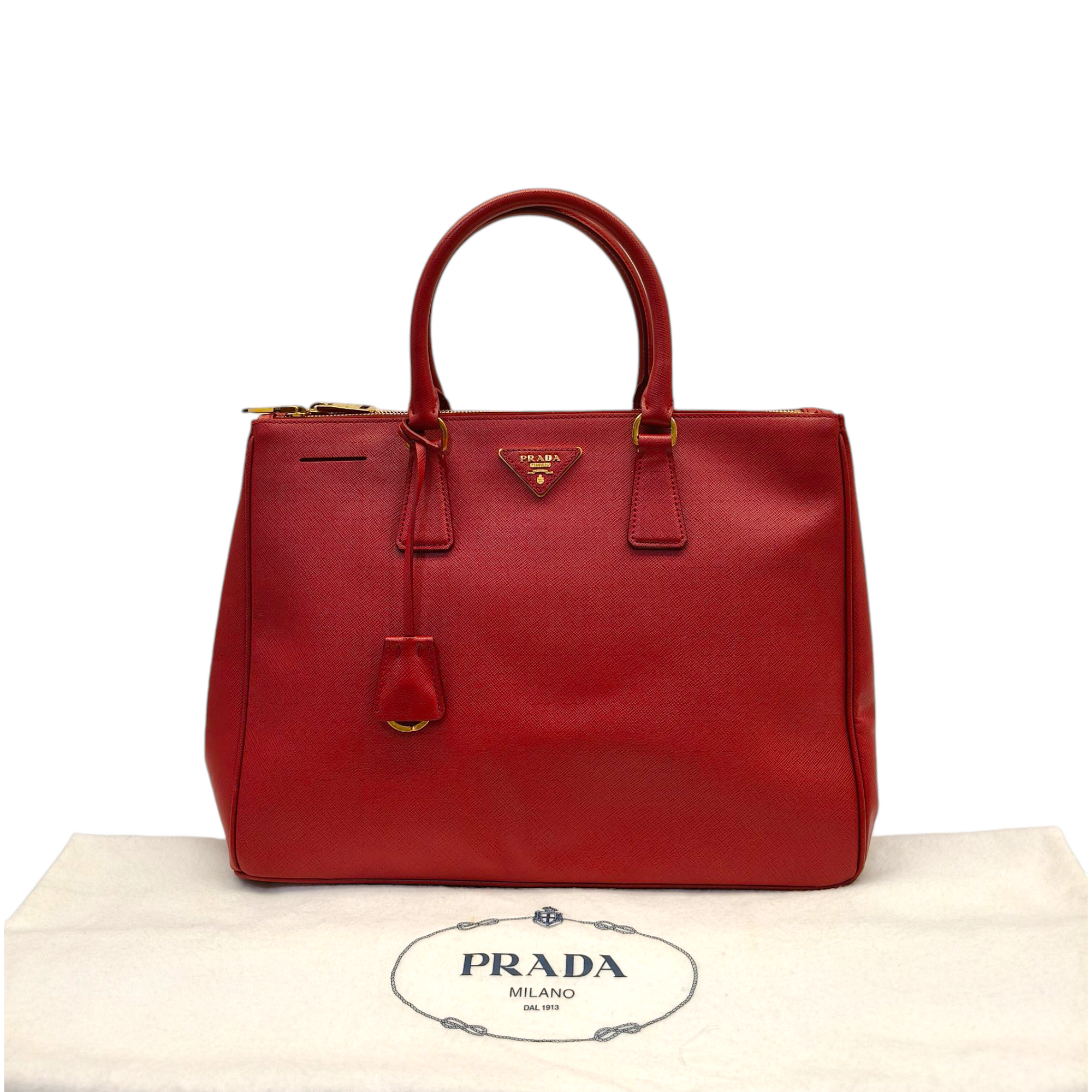 Prada Red Saffiano Lux Leather Large Double Zip Tote Bag