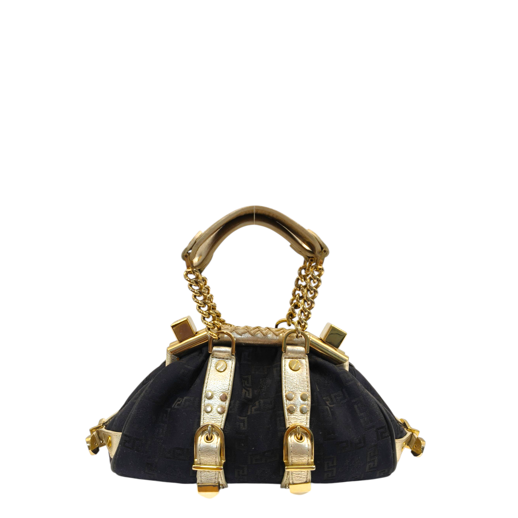 Versace Black/Gold Monogram Fabric and Leather Madonna Framed Satchel Bag