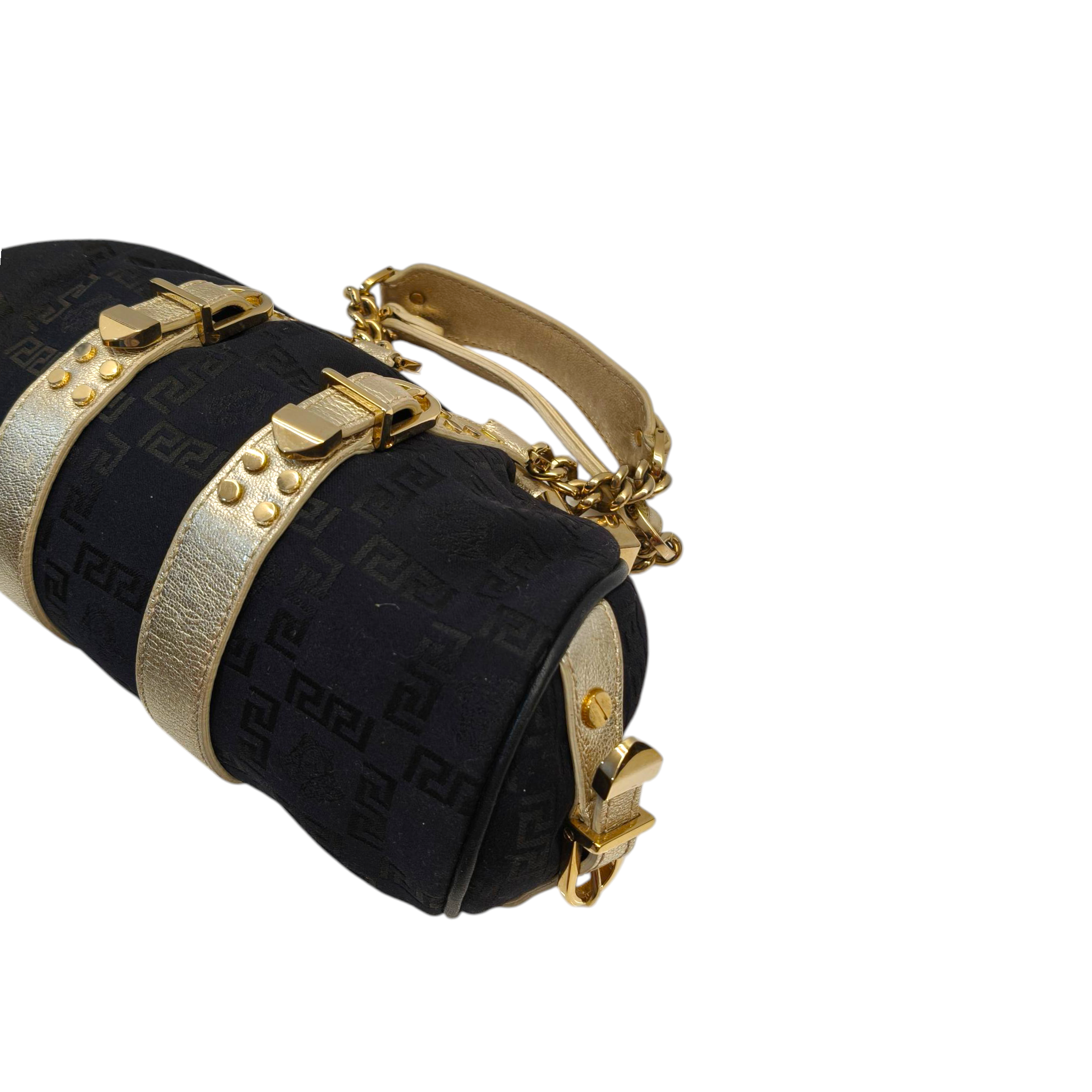 Versace Black/Gold Monogram Fabric and Leather Madonna Framed Satchel Bag