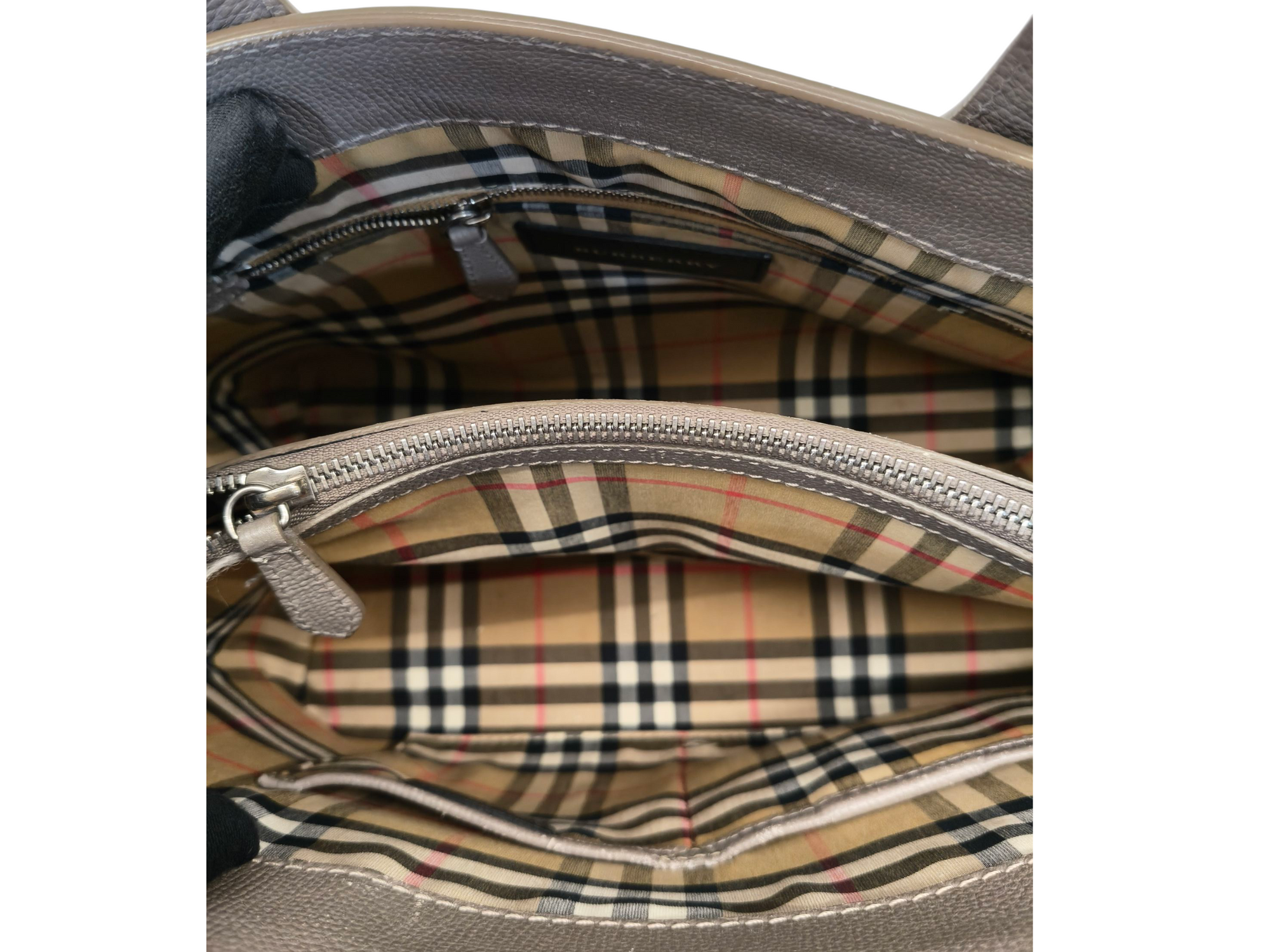 Burberry Grey Leather and House Check Fabric Medium Banner Tote Bag