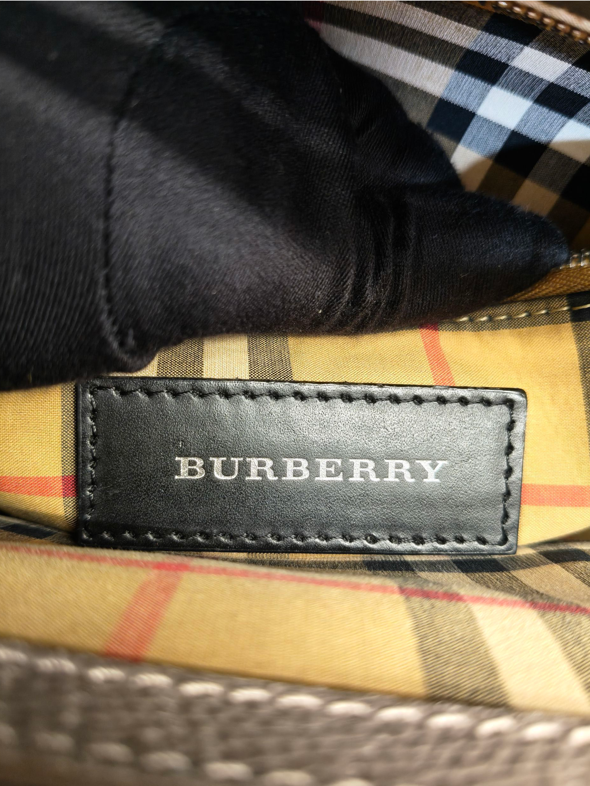 Burberry Grey Leather and House Check Fabric Medium Banner Tote Bag