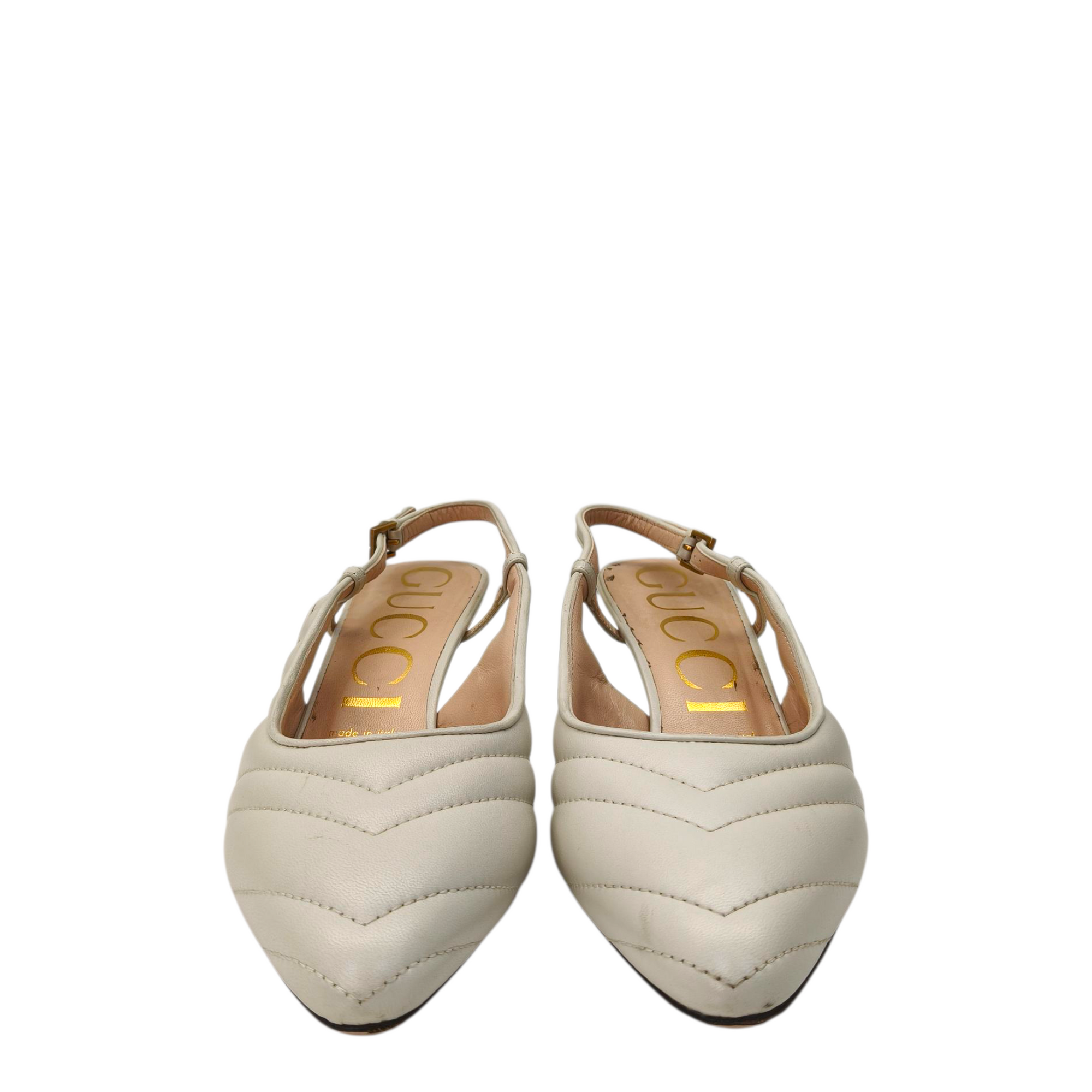 Gucci Nappa Charlotte Chevron Matelasse Double G Slingback Pumps White Size- 37.5