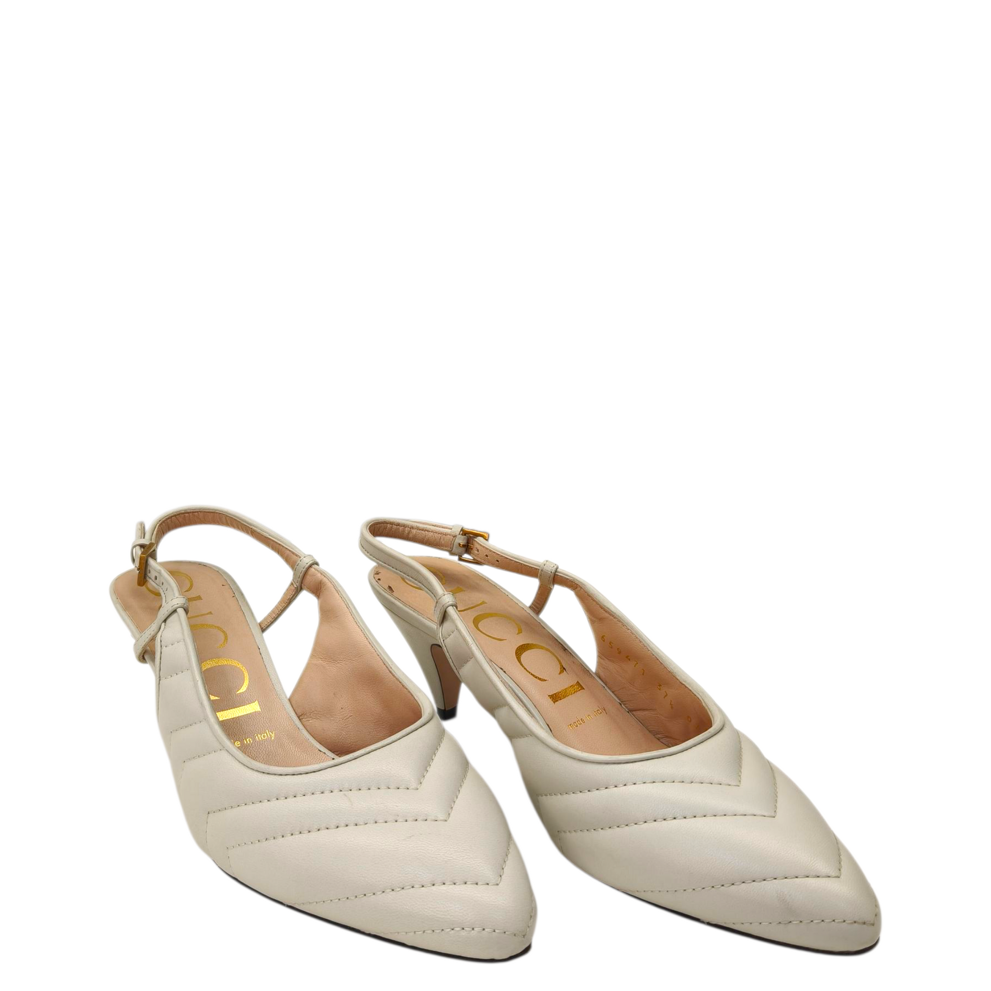 Gucci Nappa Charlotte Chevron Matelasse Double G Slingback Pumps White Size- 37.5