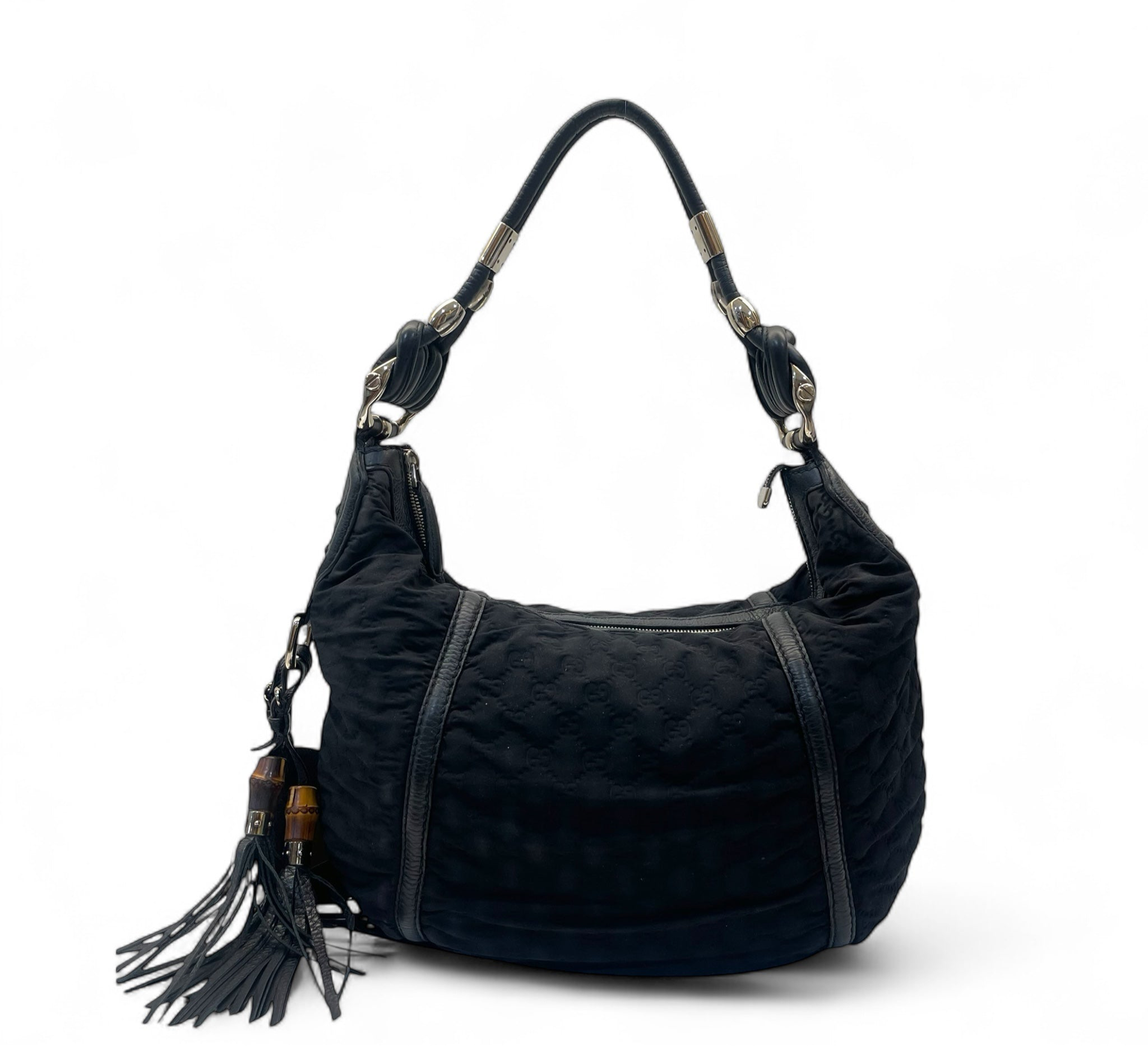 Gucci Black GG Neoprene and Leather Techno Horsebit Hobo Bag