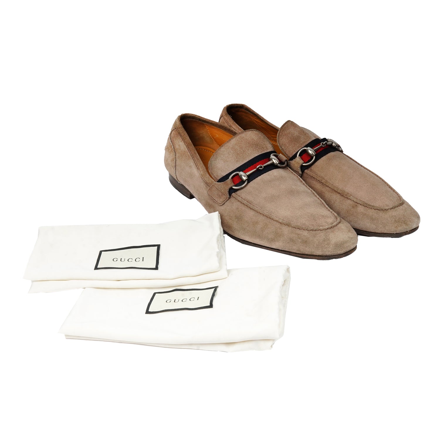 Gucci Beige Suede Web Horsebit Loafers