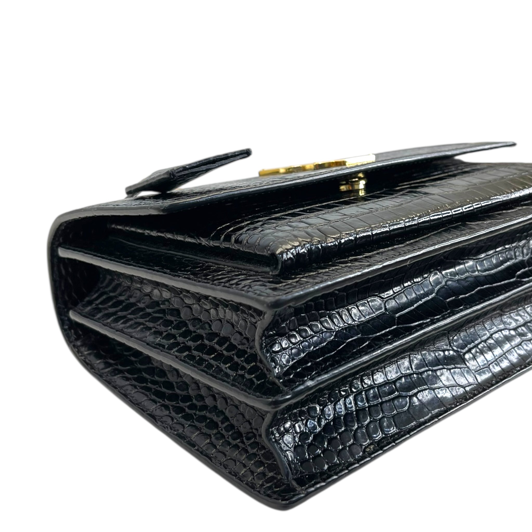 Saint Laurent Medium Sunset Croc-Embossed Black Bag