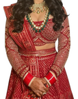 Falguni Shane Peacock Red and Gold Lehenga Set M