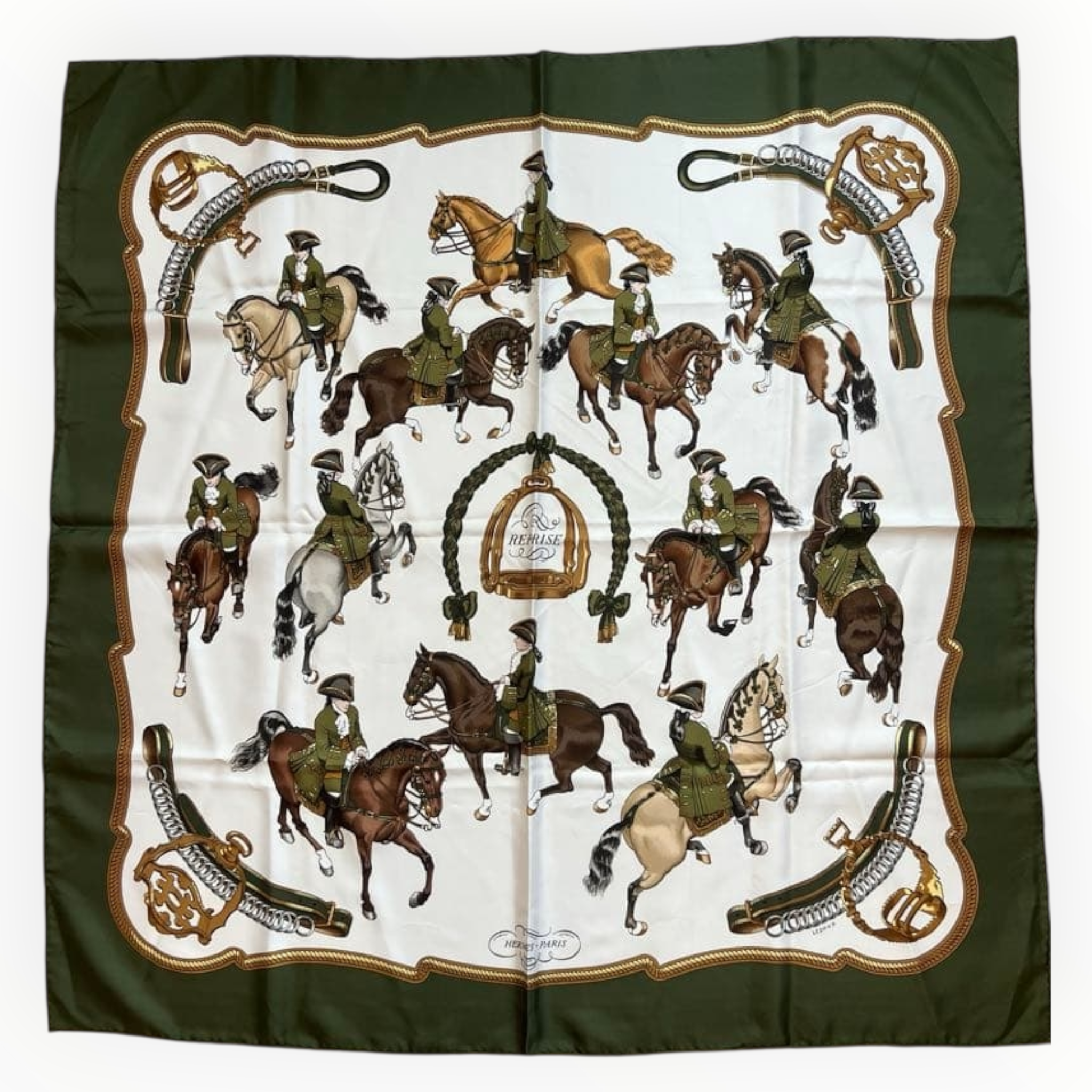 Hermès Scarf Carré 90 "Reprise" Green White Silk