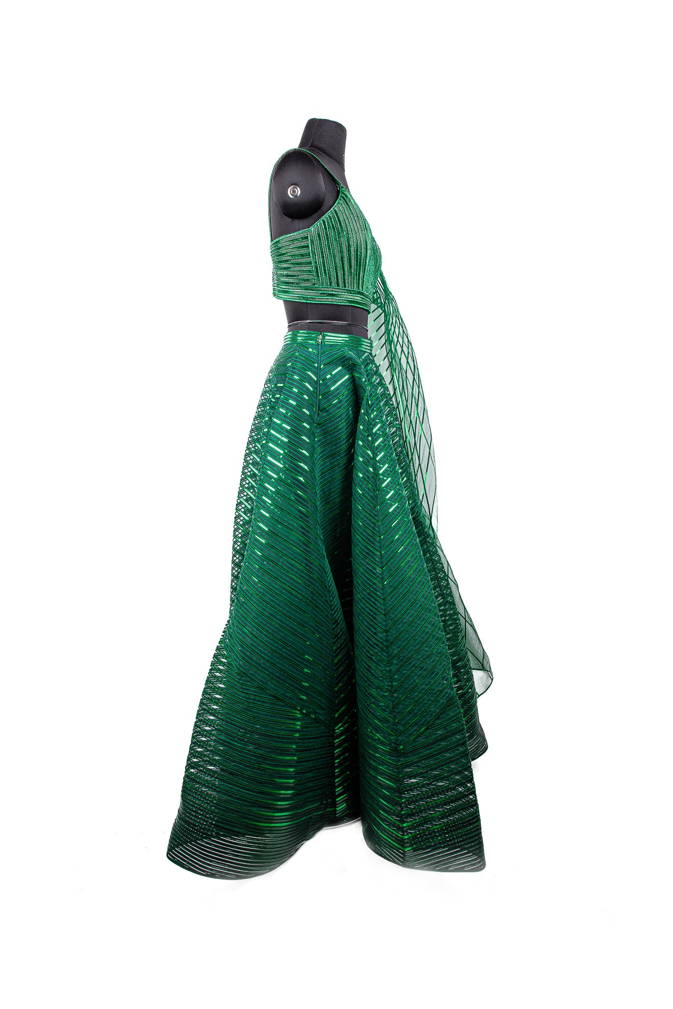 Amit Aggarwal Emerald Green Handwoven Tulle Lehenga Set