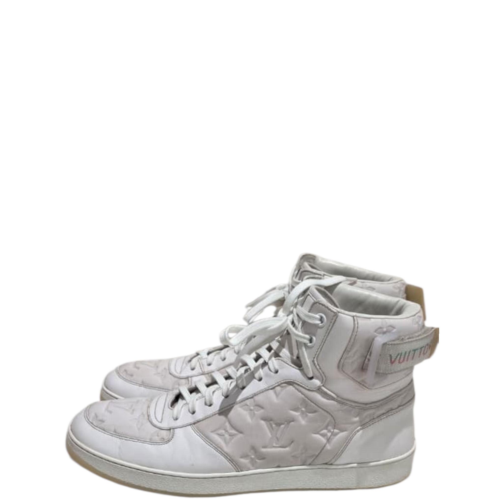Louis Vuitton Rivoli Monogram Hi-Top Sneakers White Leather UK 8