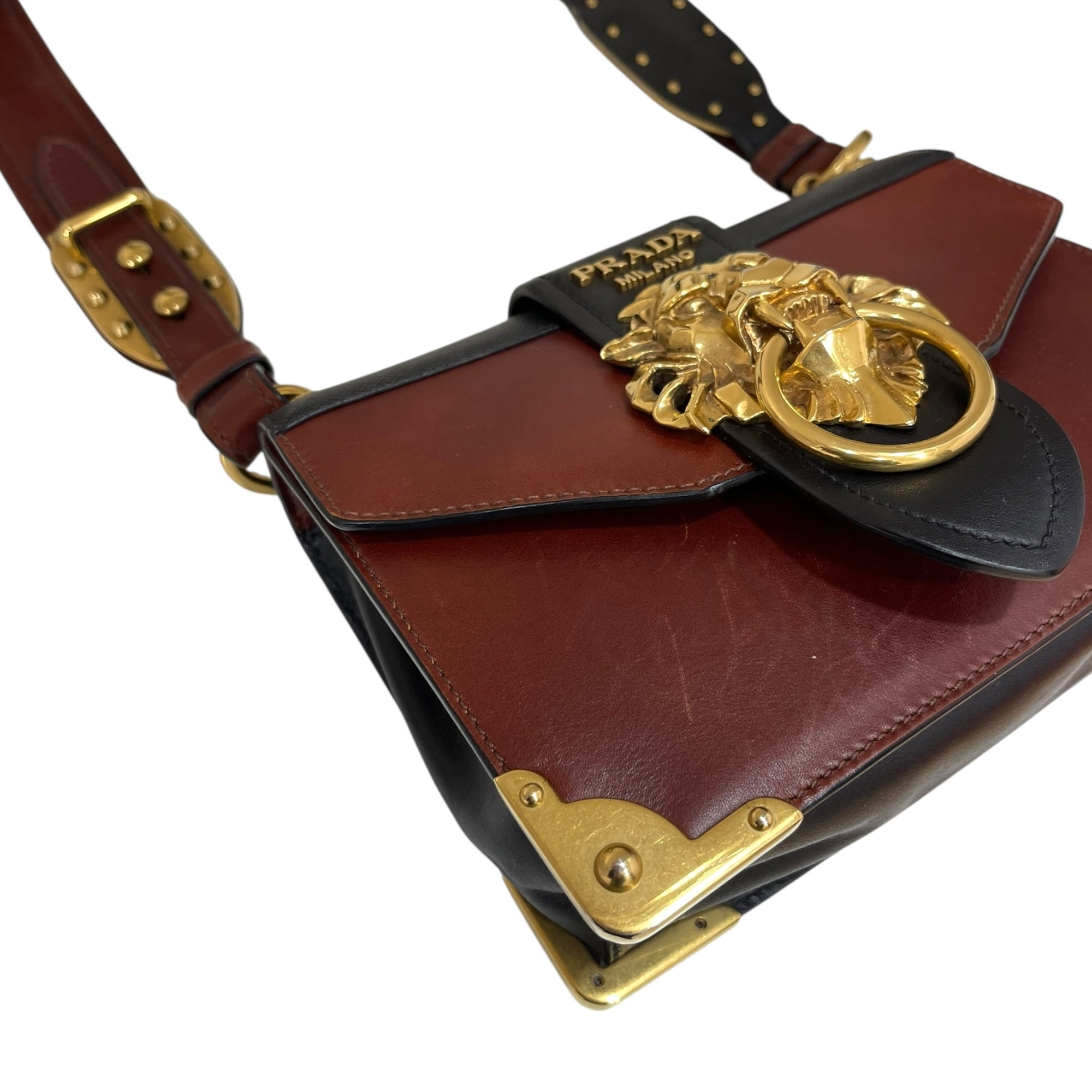 Prada Black/Maroon Leather Animalier Cahier Flap Top Handle Bag