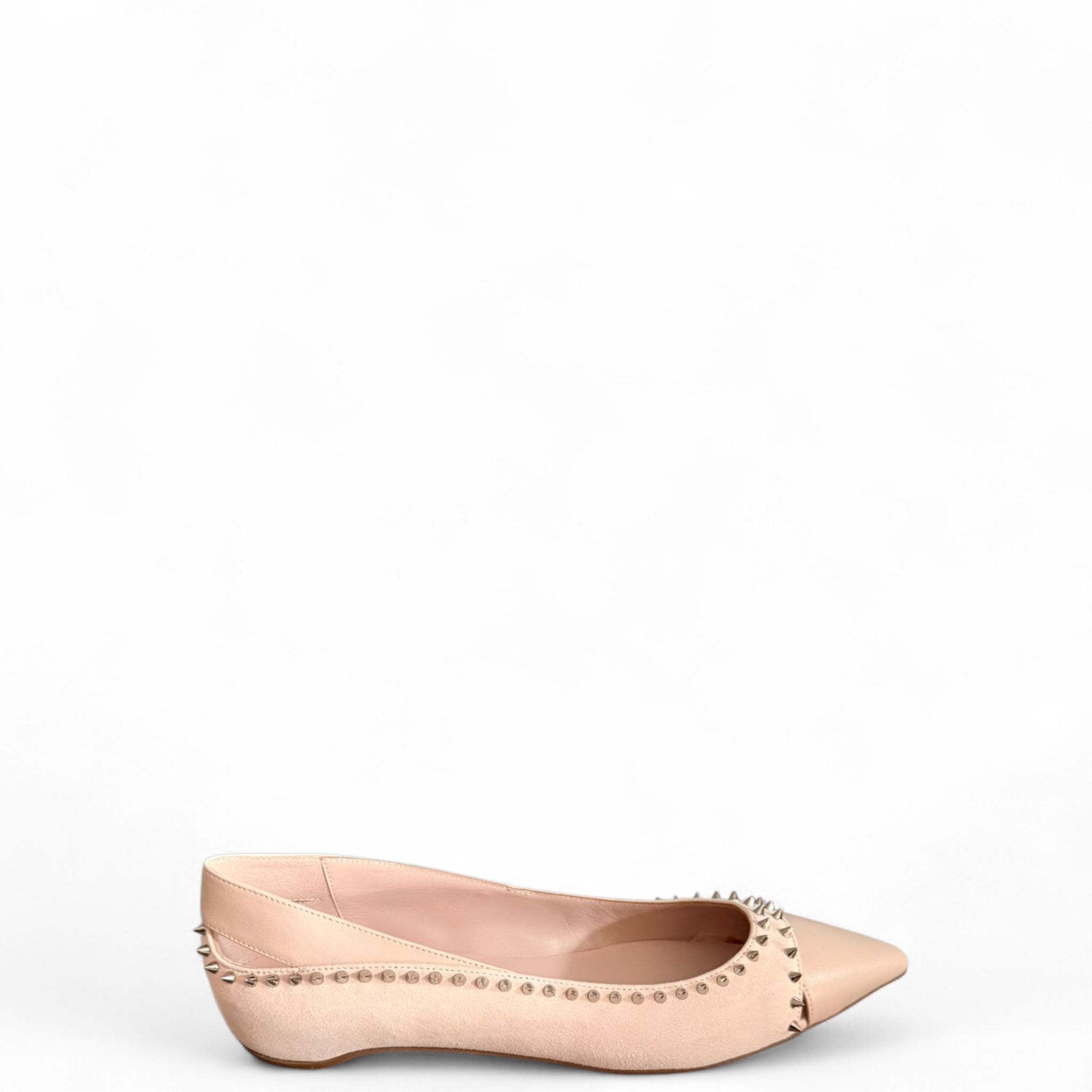 Christian Louboutin Duvettina Spikes Ballerina Flats Beige Suede Nappa Leather Size EU 37.5