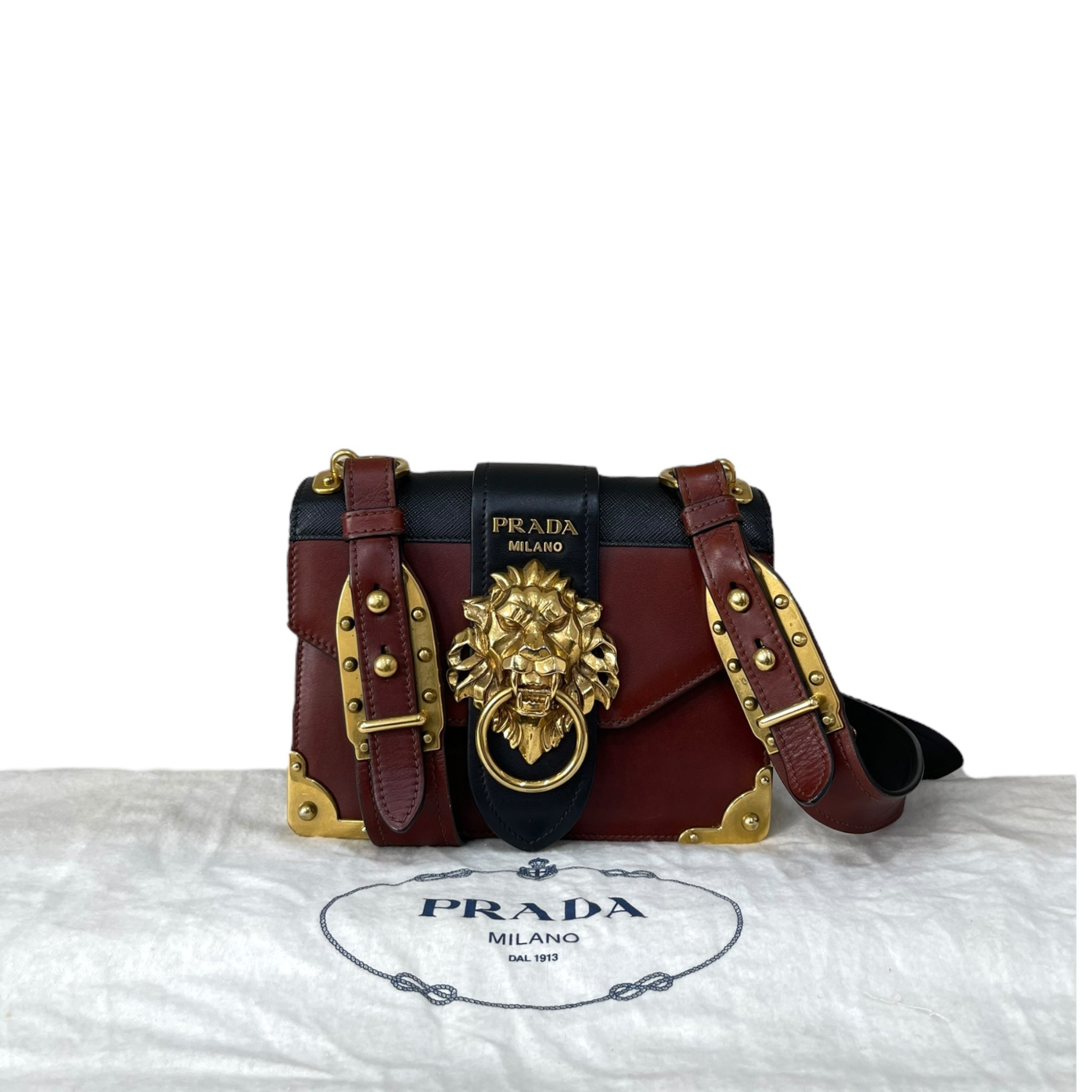 Prada Black/Maroon Leather Animalier Cahier Flap Top Handle Bag