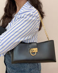 Salvatore Ferragamo Trifolio Black Leather Shoulder Bag Gold-tone Gancini Clasp