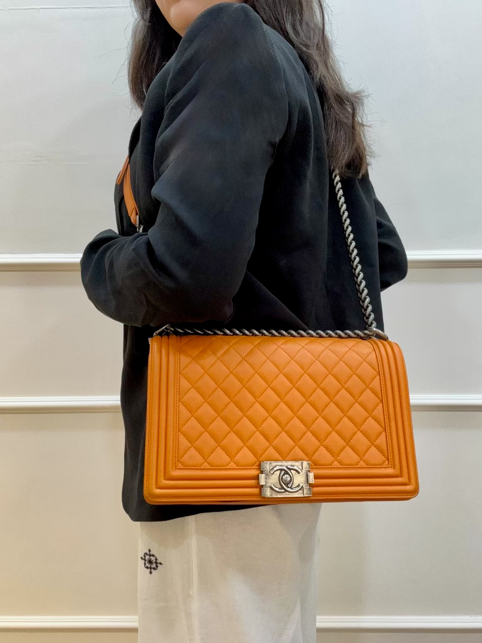 Chanel Boy Bag Medium Orange Quilted Leather