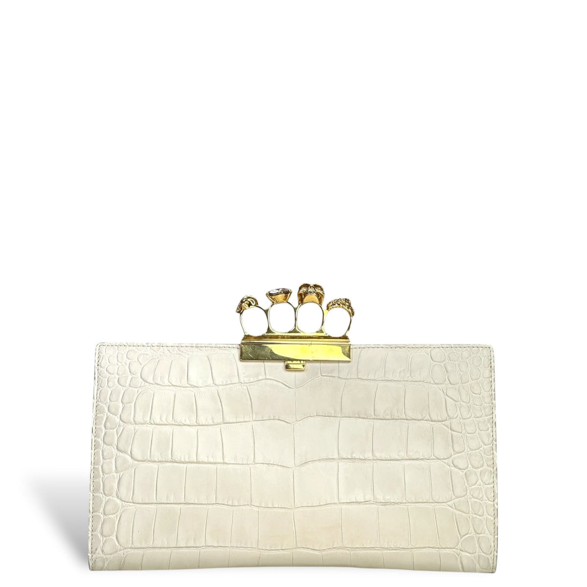 Alexander Mcqueen Ivory Crroc Embossed Leather Four Ring Kuncle Handle Clutch