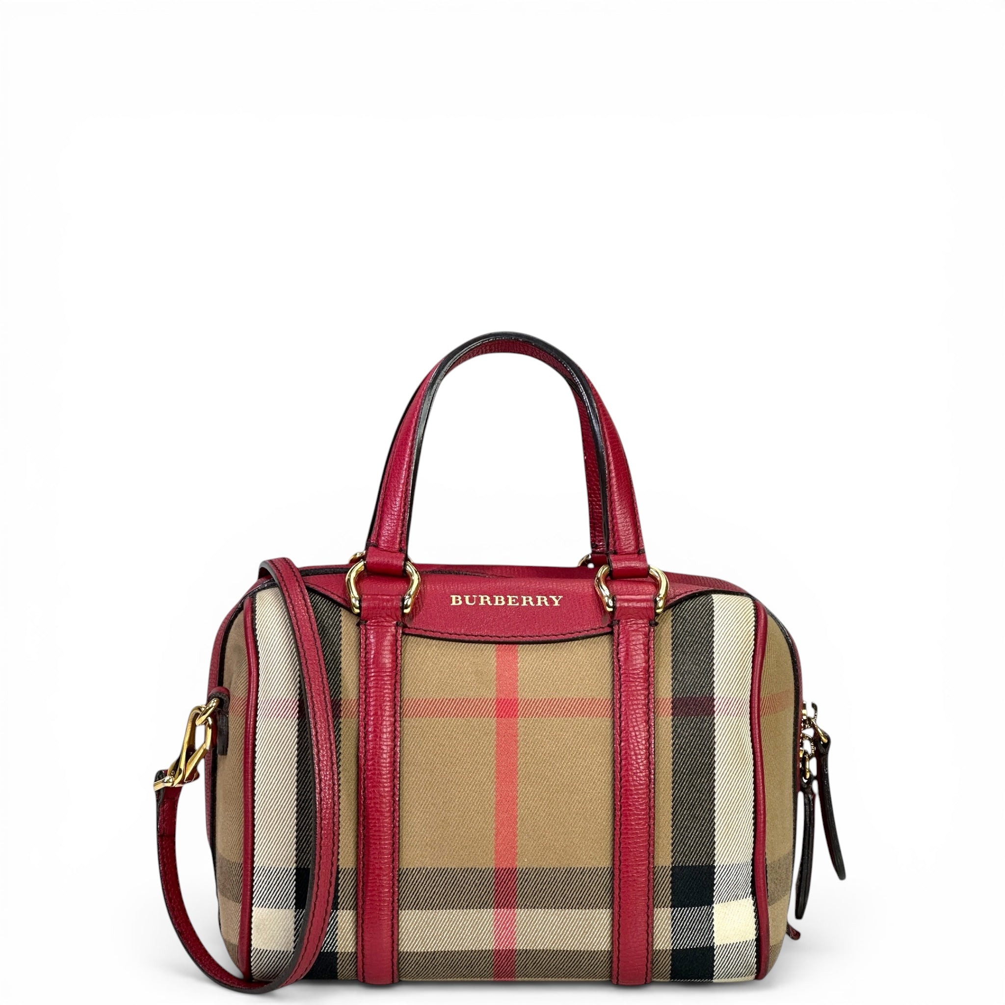 Burberry Alchester Bowling Bag Small Haymarket Check Red Leather Trim