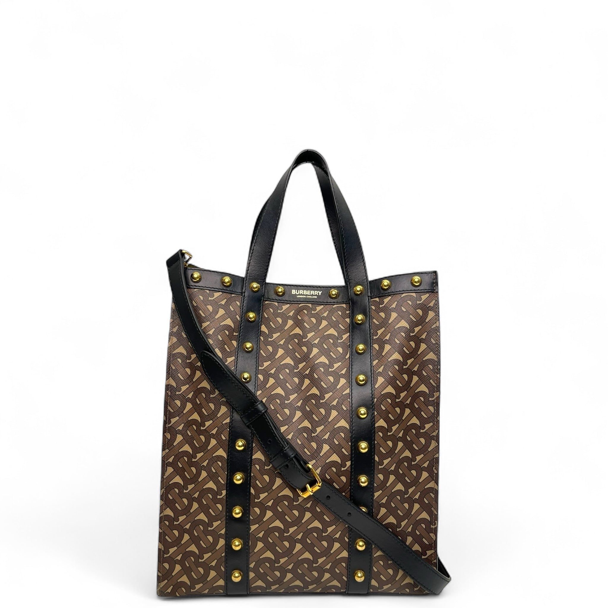 Burberry Brown/Black Monogram Coated Canvas And Leather Studded Book Tote Bag