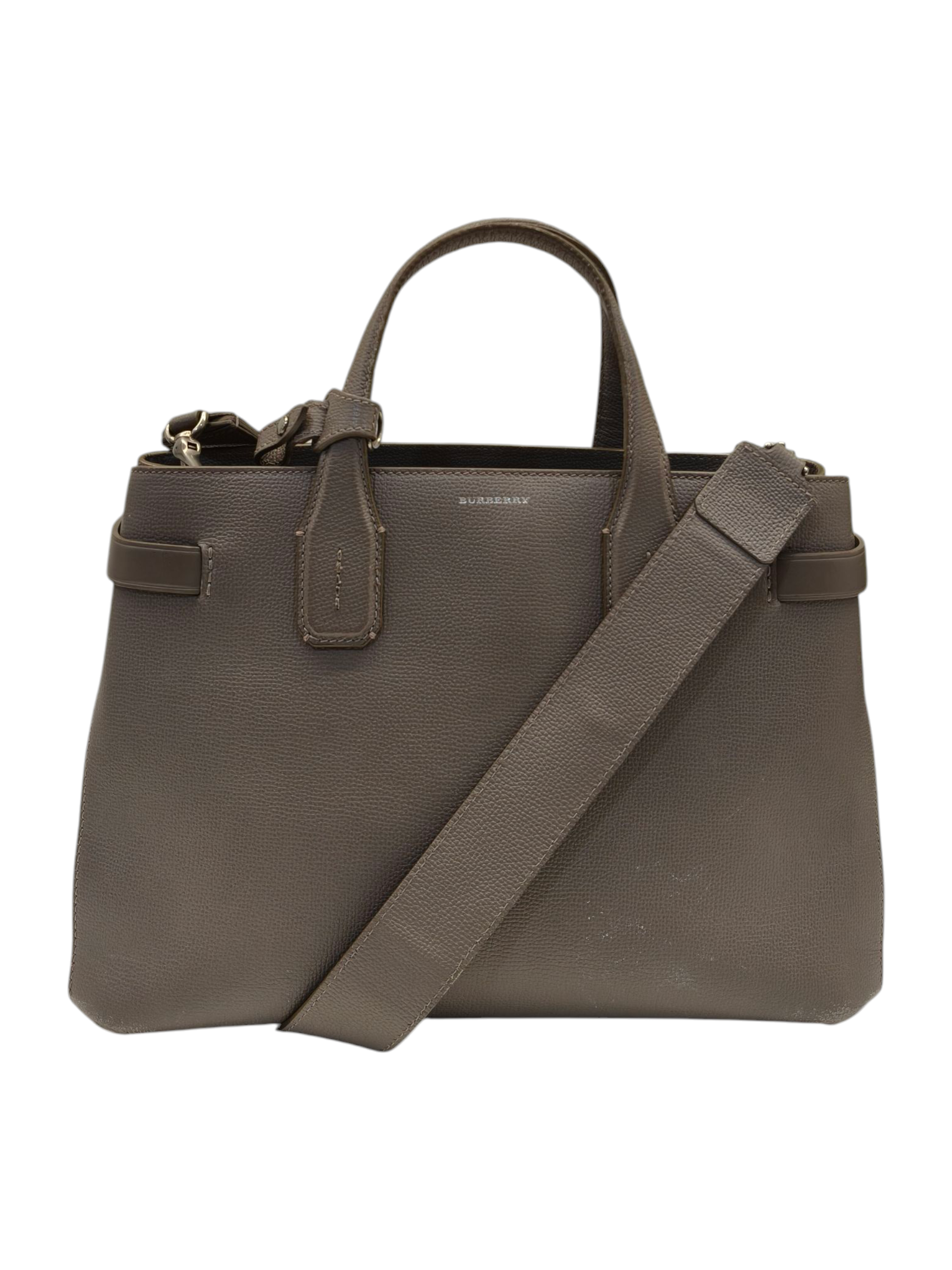 Burberry Grey Leather and House Check Fabric Medium Banner Tote Bag