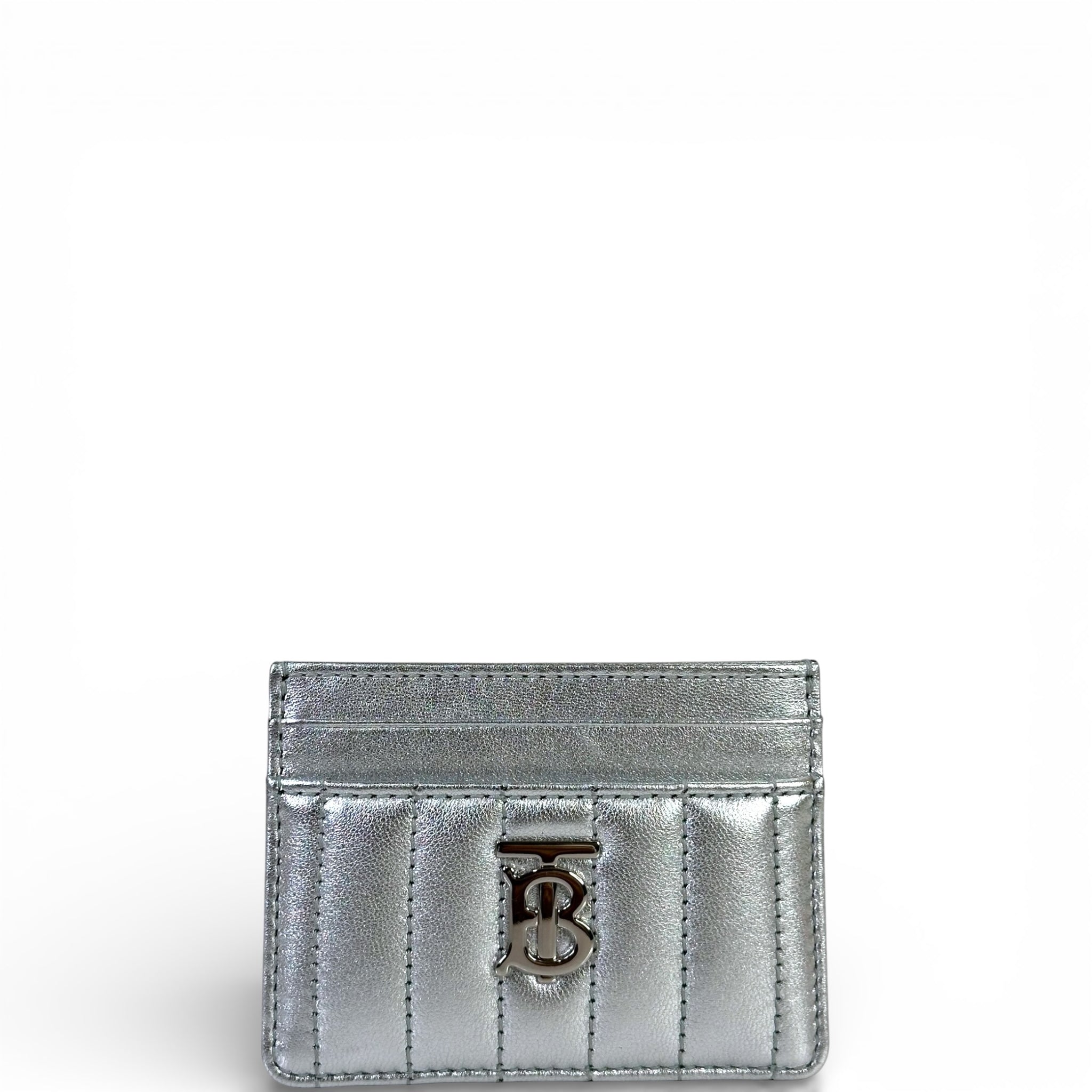 Burberry Lola Card Case Silver Metallic Quilted Leather