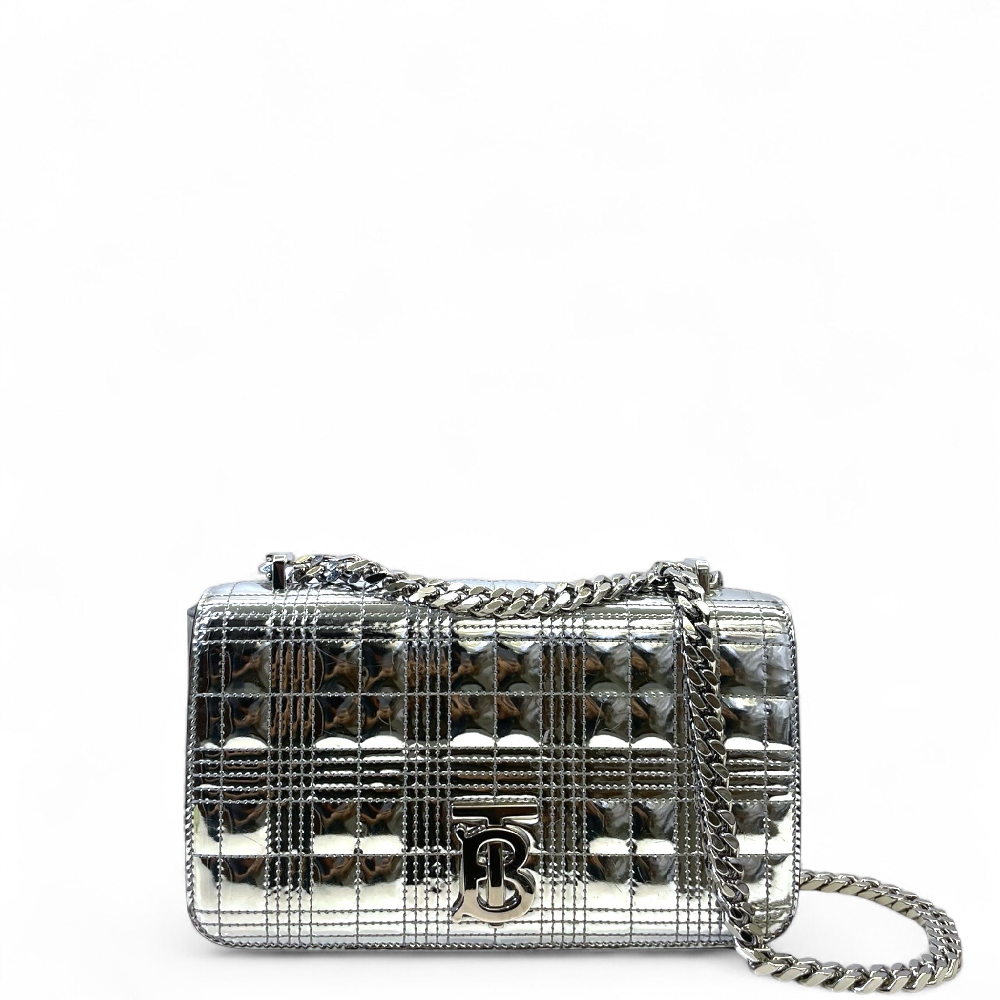 Burberry Small Lola Flap Bag Metallic Silver Quilted Patent Leather