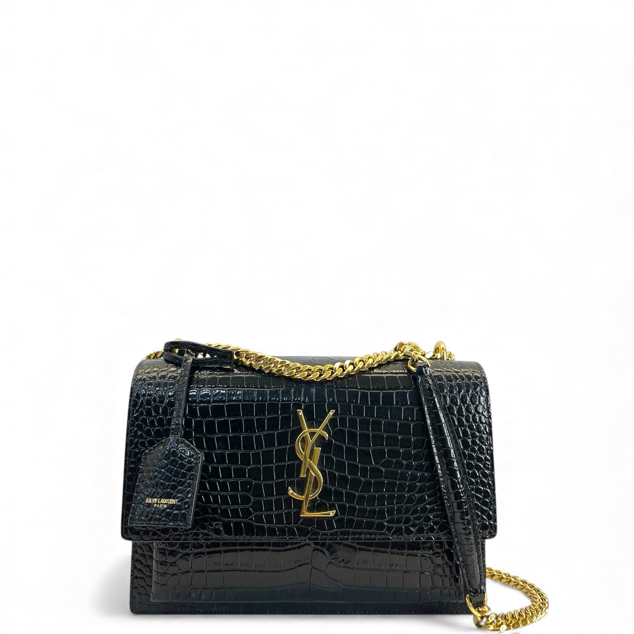Saint Laurent Medium Sunset Croc-Embossed Black Bag