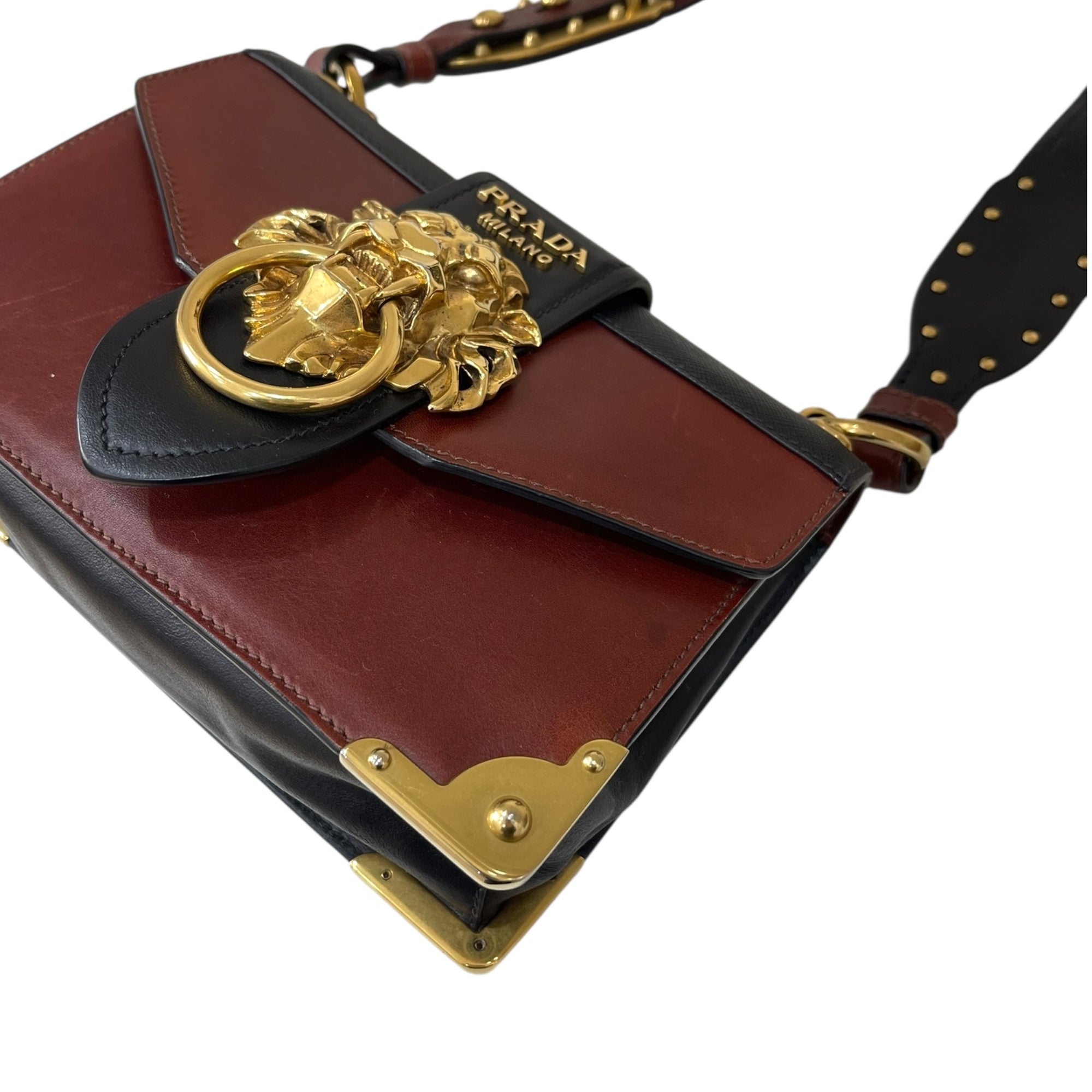 Prada Black/Maroon Leather Animalier Cahier Flap Top Handle Bag