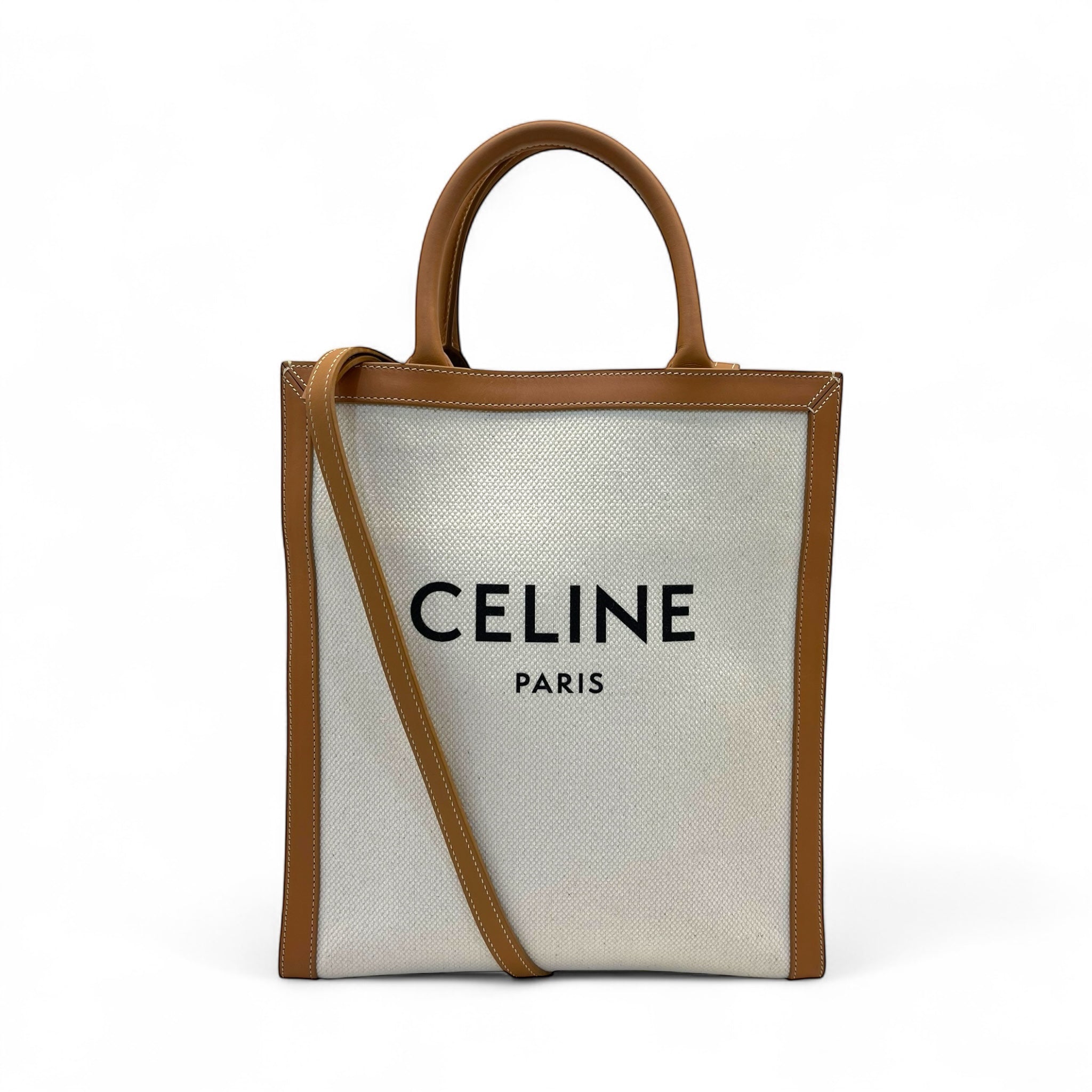 Celine Camel/Off-White Leather and Canvas Vertical Cabas Tote Bag