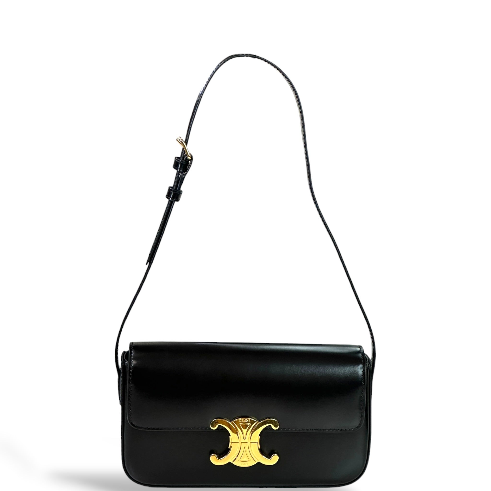 Celine Claude Triomphe Shoulder Bag Black Shiny Calfskin Leather