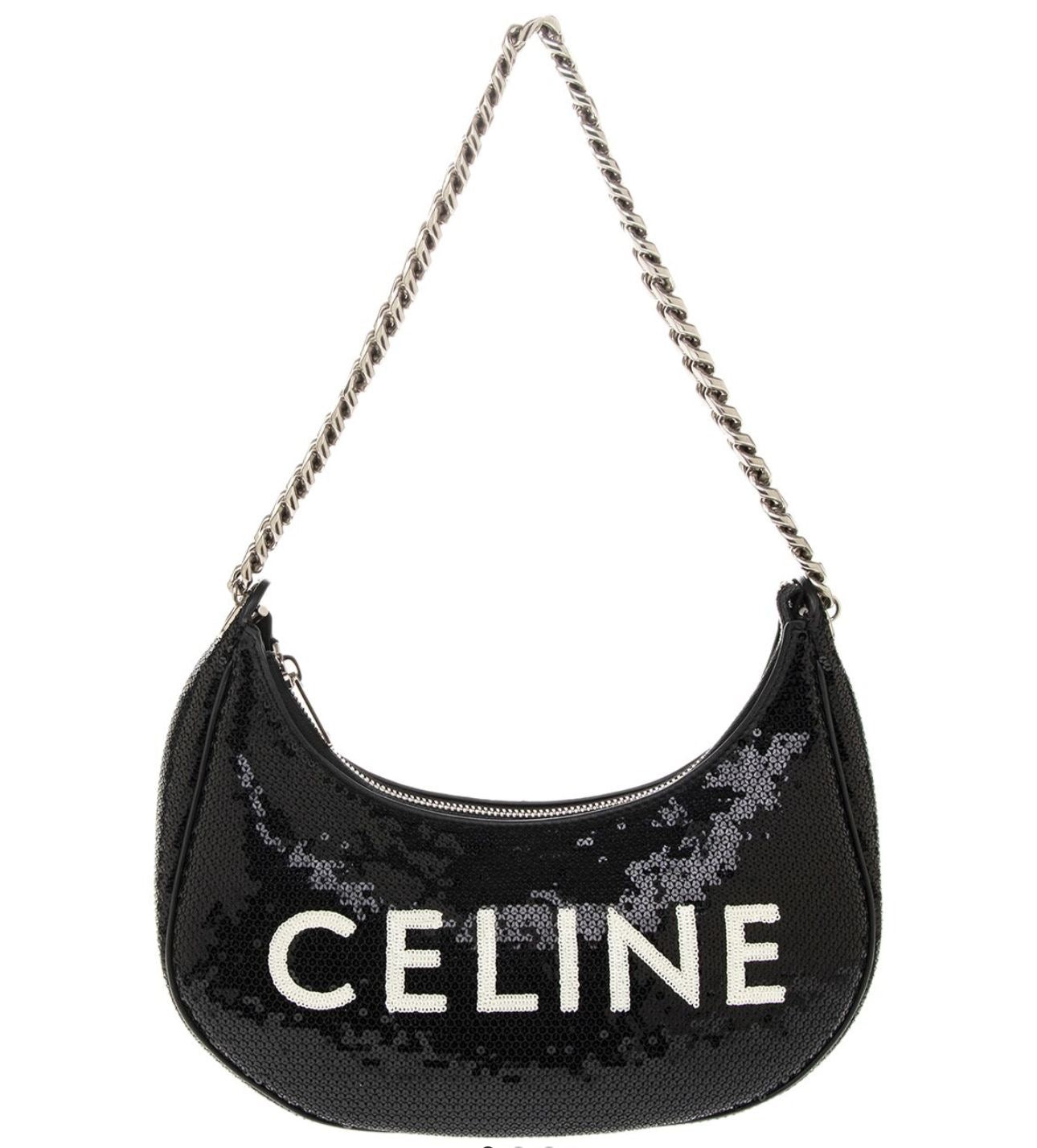 Celine Ava Chain Medium Leather & Sequin Hobo Black Bag