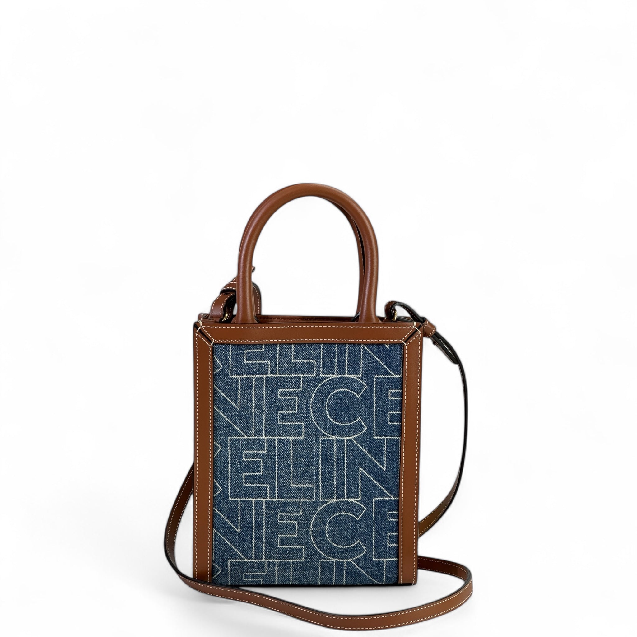 Celine Mini Vertical Cabas Bag Printed Denim Brown Leather