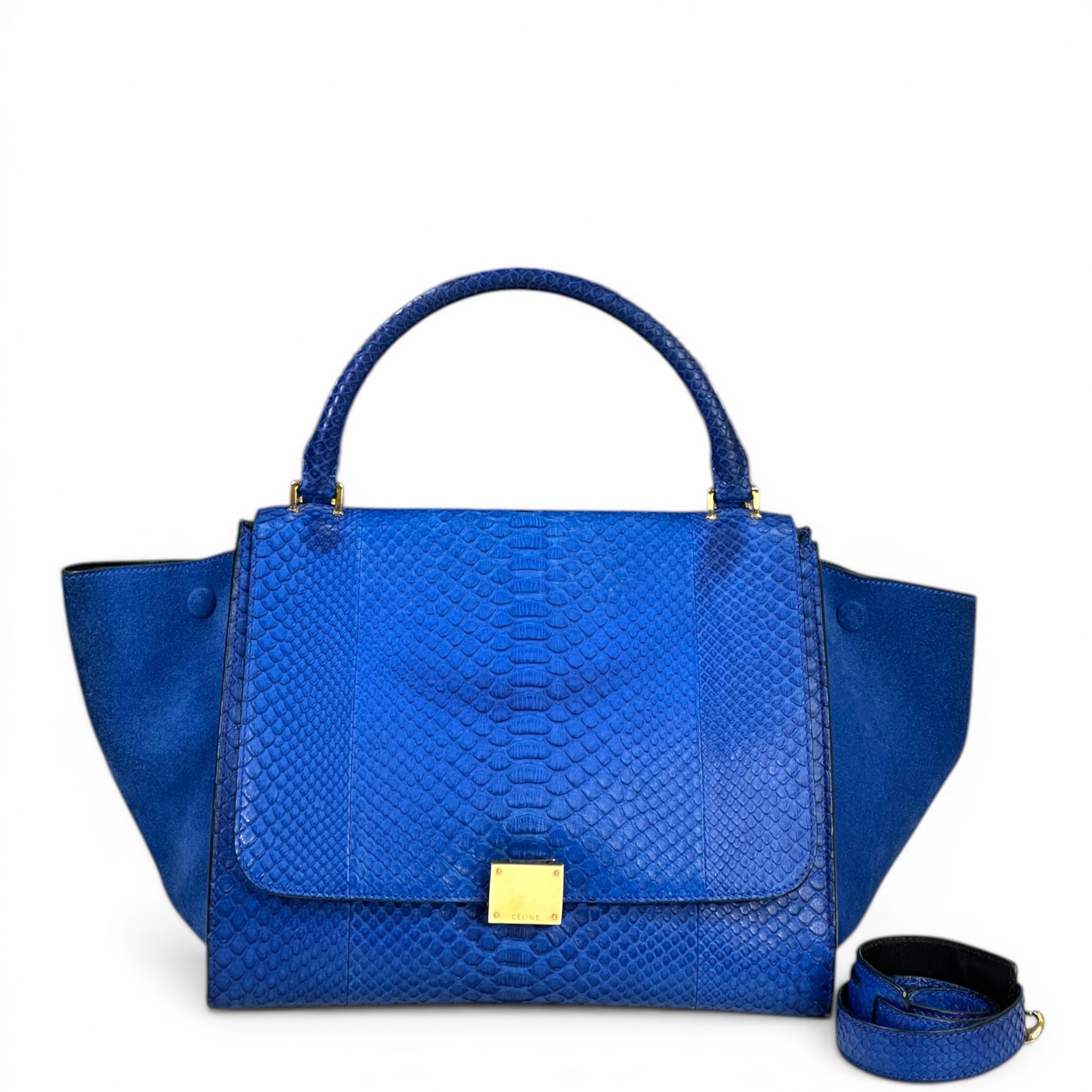 Celine Trapeze Top Handle Bag Blue Python Suede