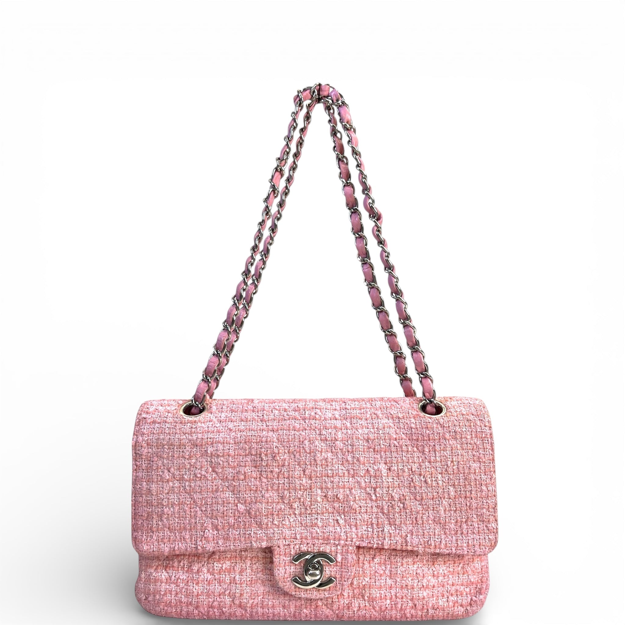 Chanel Classic Double Flap Pink Tweed Shoulder Bag