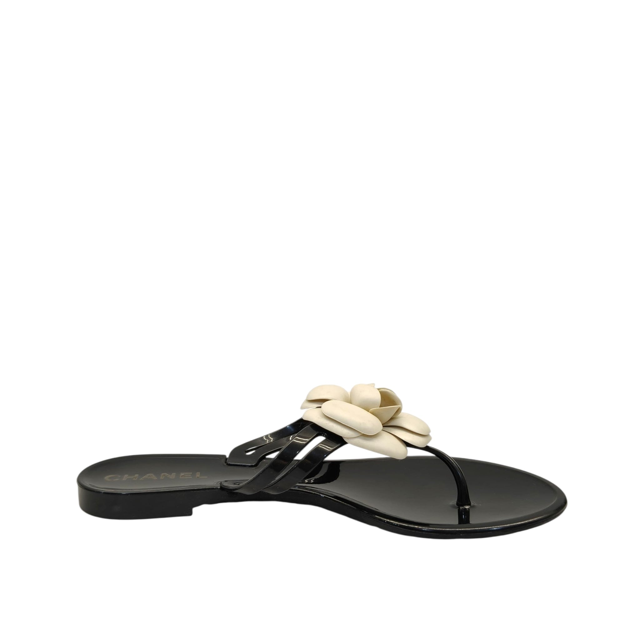 Chanel Cream/Black Jelly Camellia Thong Sandals EU 36
