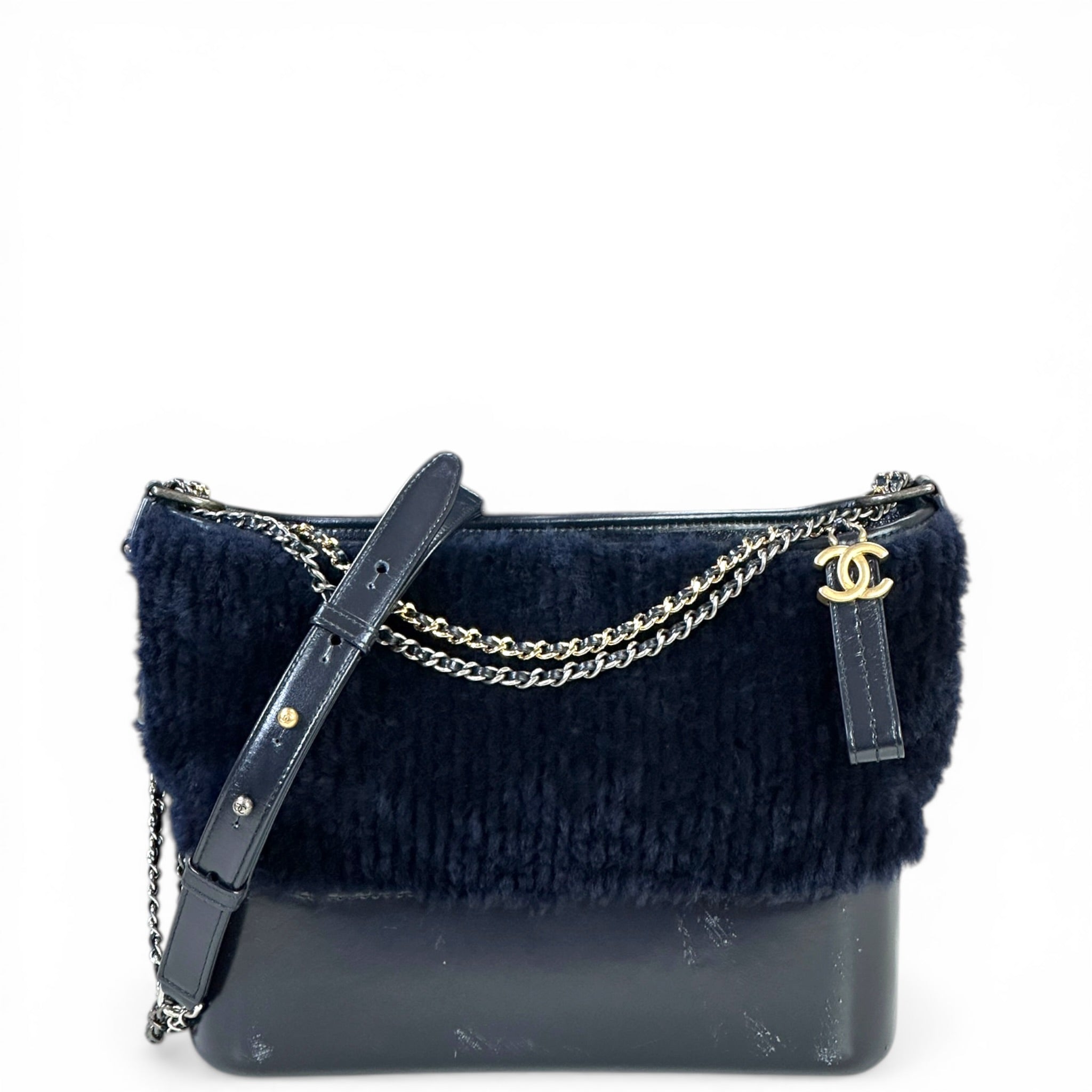 Chanel Gabrielle Shearling Hobo Bag Navy Blue Fur Leather