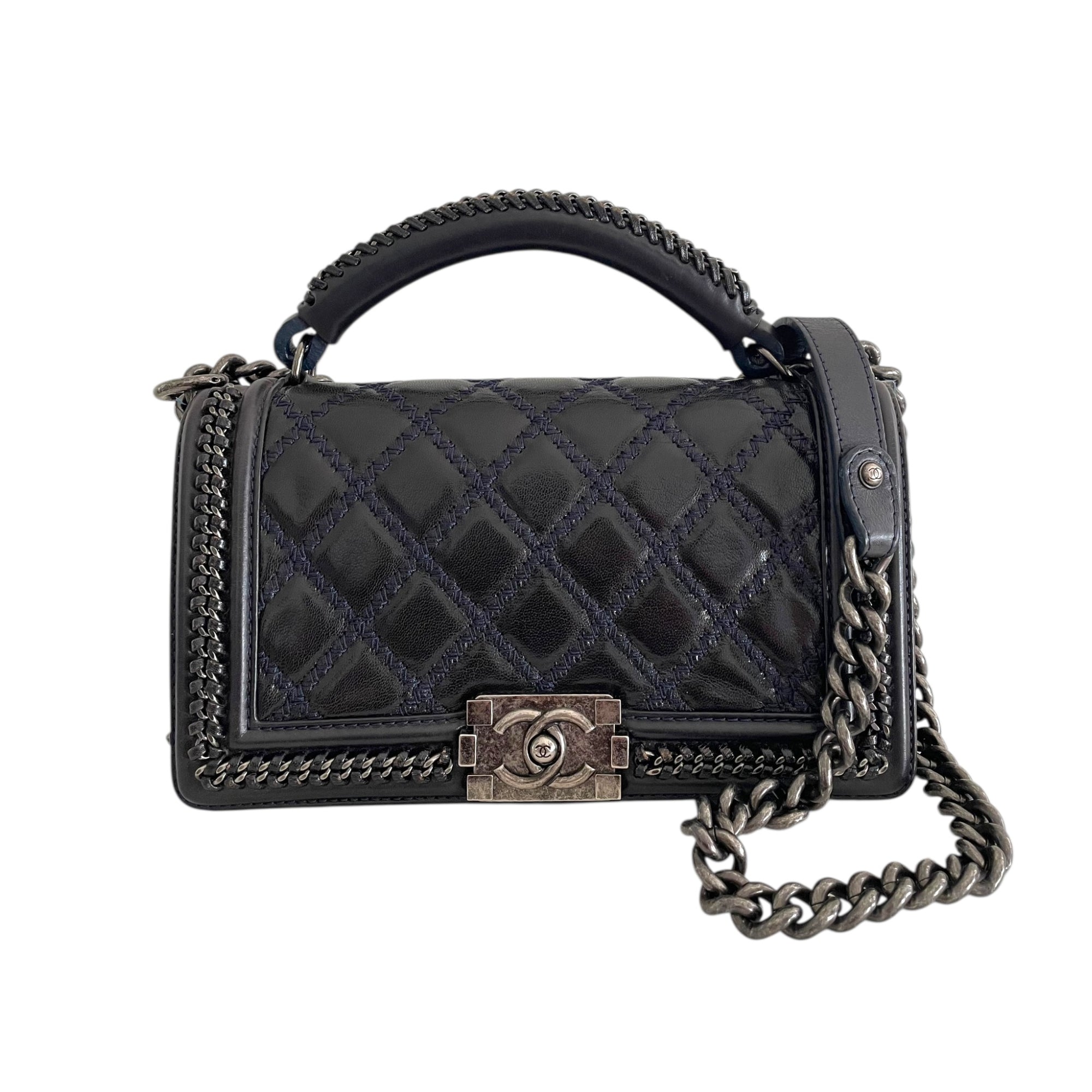 Chanel Midnight Quilted Leather Medium Wild Stitch Chain Boy Top Handle Bag