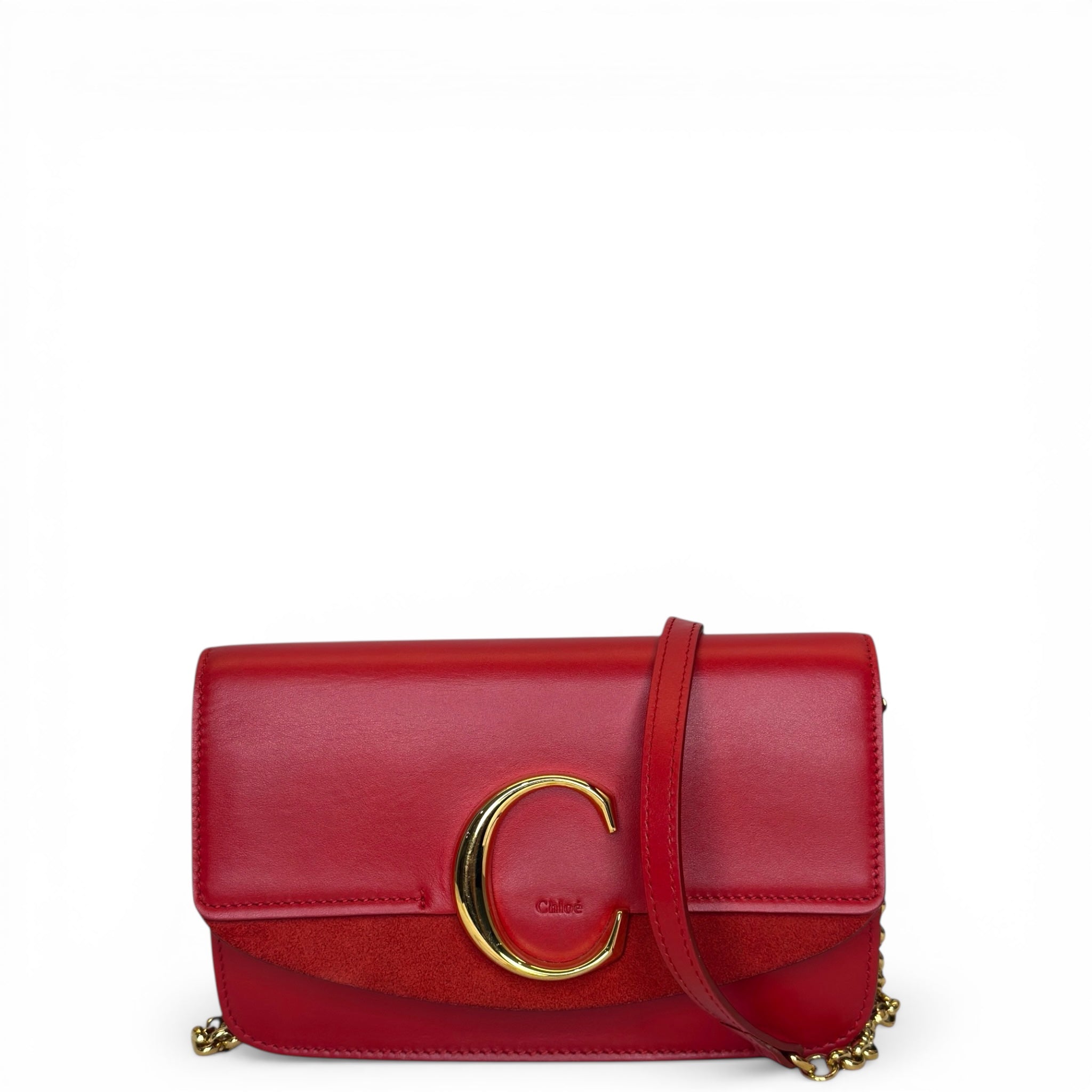 Chloé C Chain Shoulder Bag Red Suede-trimmed Leather